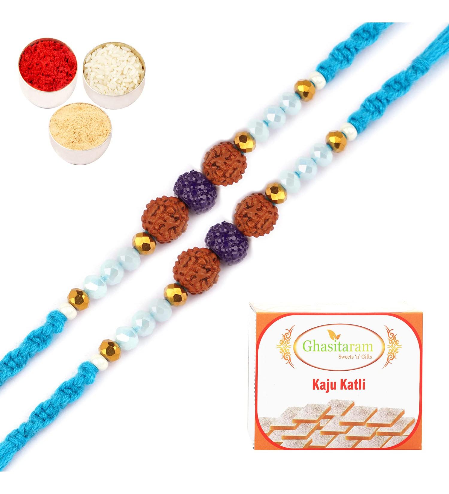 Ghasitaram Gifts Rakhi for Brother Rakhis Online - Set of 2-1907- Rudraksh Rakhi with 200 GMS of Kaju katli - Buy Online on GoSupps.com