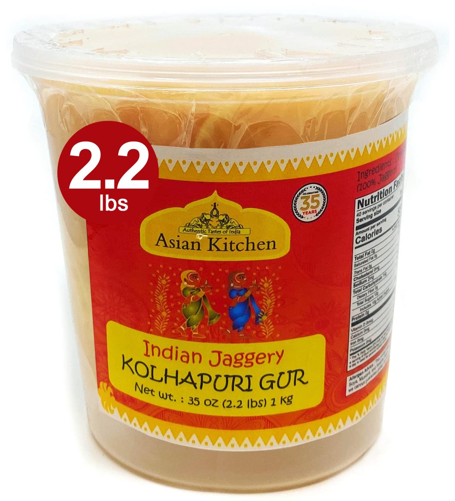 Asian Kitchen Kolhapuri Gur (Jaggery) 1kg - Unrefined Raw Cane Sugar - Gluten Friendly - Vegan - Non-GMO - 1 kg Jar - Buy Online on GoSupps.com