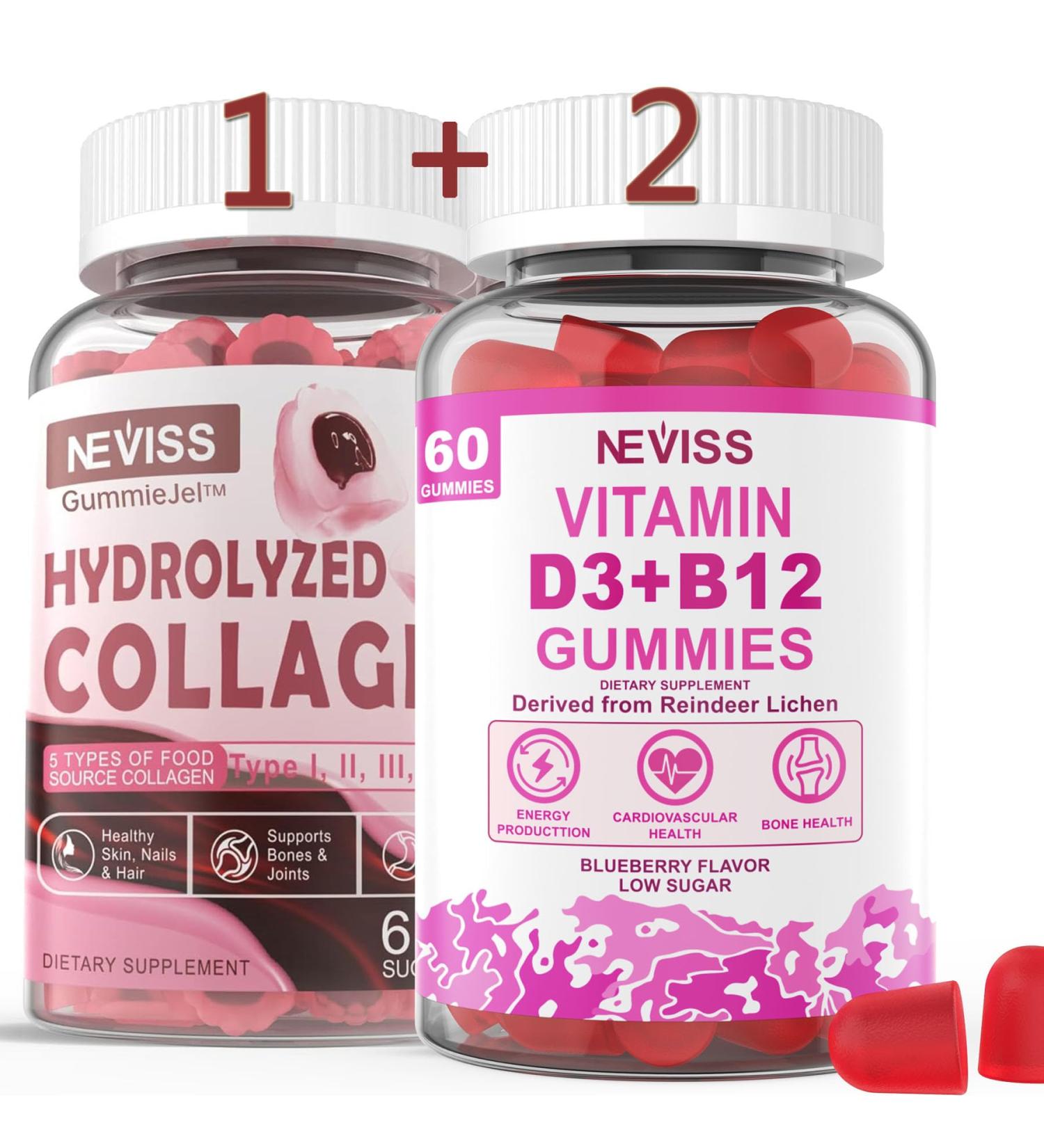 NEVISS Hydrolyzed Collagen Peptides + Vitamin D3 + B12 Gummies 1+2 3 Pack Vegan - Buy Online on GoSupps.com