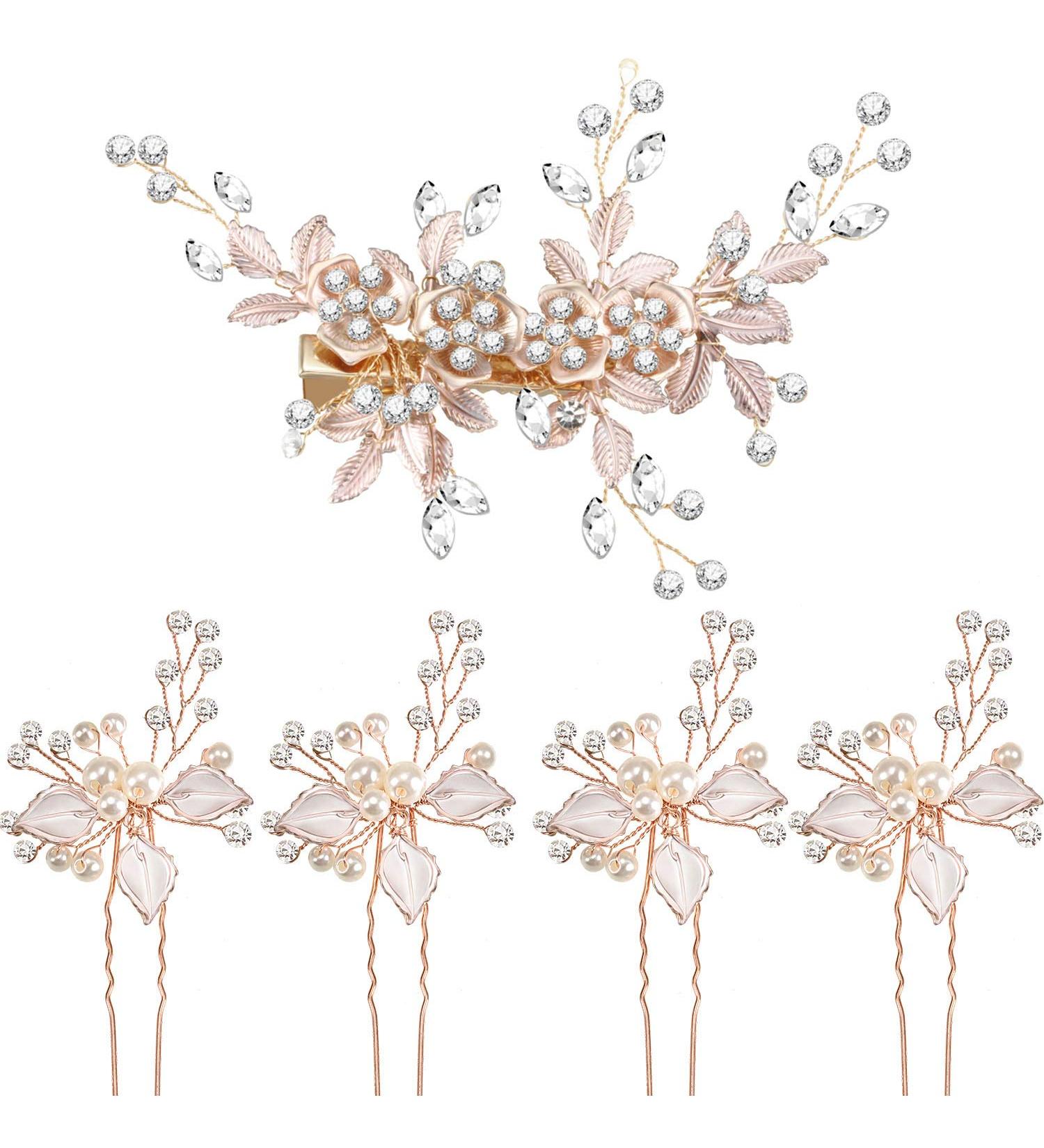 5 Pieces Bridal Rhinestone Hair Pins Wedding Hair Clips Bridal Hair Piece Light Rose Gold Flower Leaves with Artificial Pearl Hair Barrette for Wedding Hair Accessories (Light Rose Gold) - Buy Online on GoSupps.com