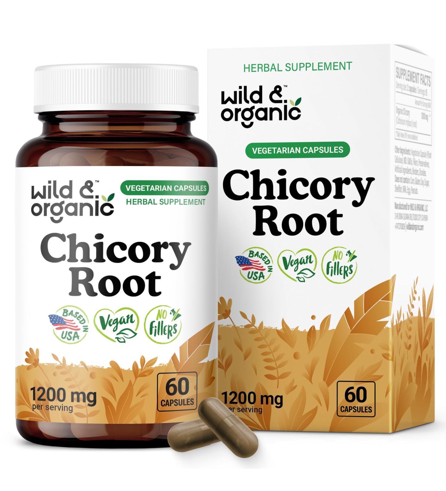 Wild & Organic Chicory Root Capsules - 1200 mg of Chicory Root Powder per Serving - Digestive & Gut Support - Prebiotic Inulin Supplement - Non-GMO Vegan Inulin Capsules - 60 Count 60 Count (Pack of 1) - Buy Online on GoSupps.com