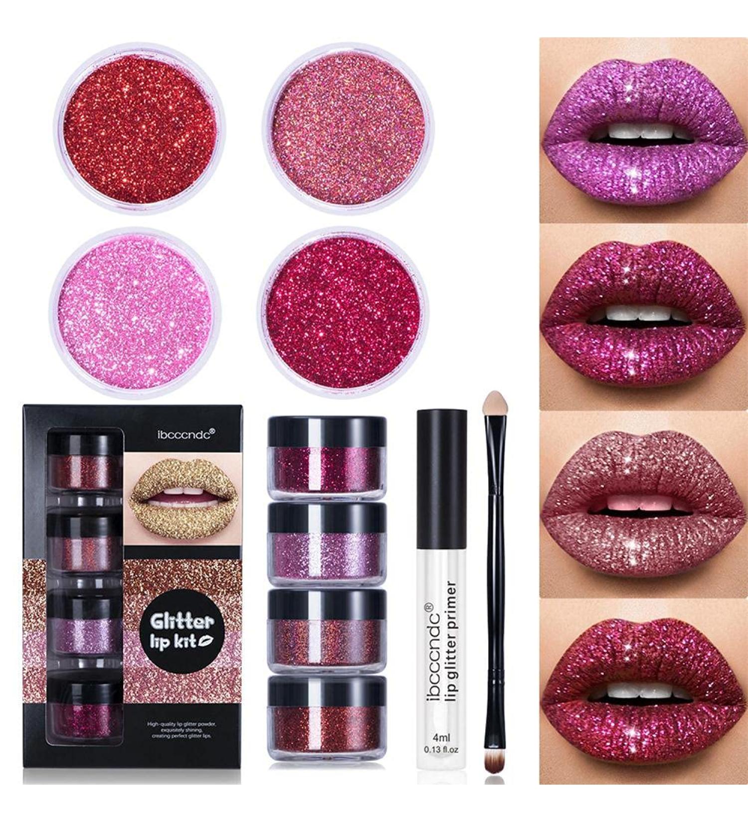 Prevessel Glitter Lip Kit - 4 Metallic Colors Long-Lasting Glossy Lipsticks & Glitter Powder - Ideal for Parties & Carnivals - Includes Lip Primer & Brush - Buy Online on GoSupps.com