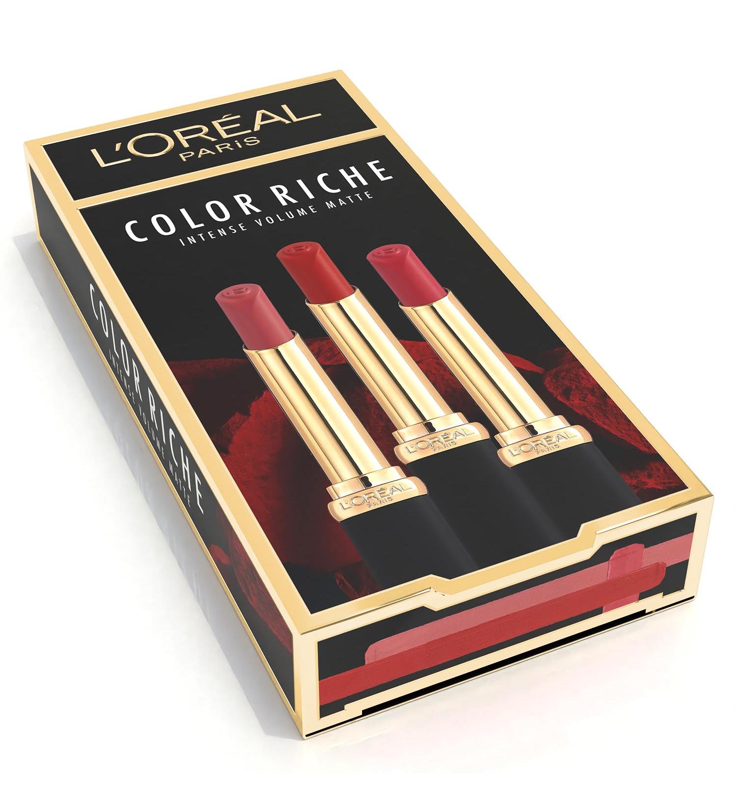 L Or al Paris - 3 Lipsticks Set - Matte and plumping - Color Riche - Shades: Nude Independant (640) Rouge Determination (346) Rose Activist (188) - Buy Online on GoSupps.com