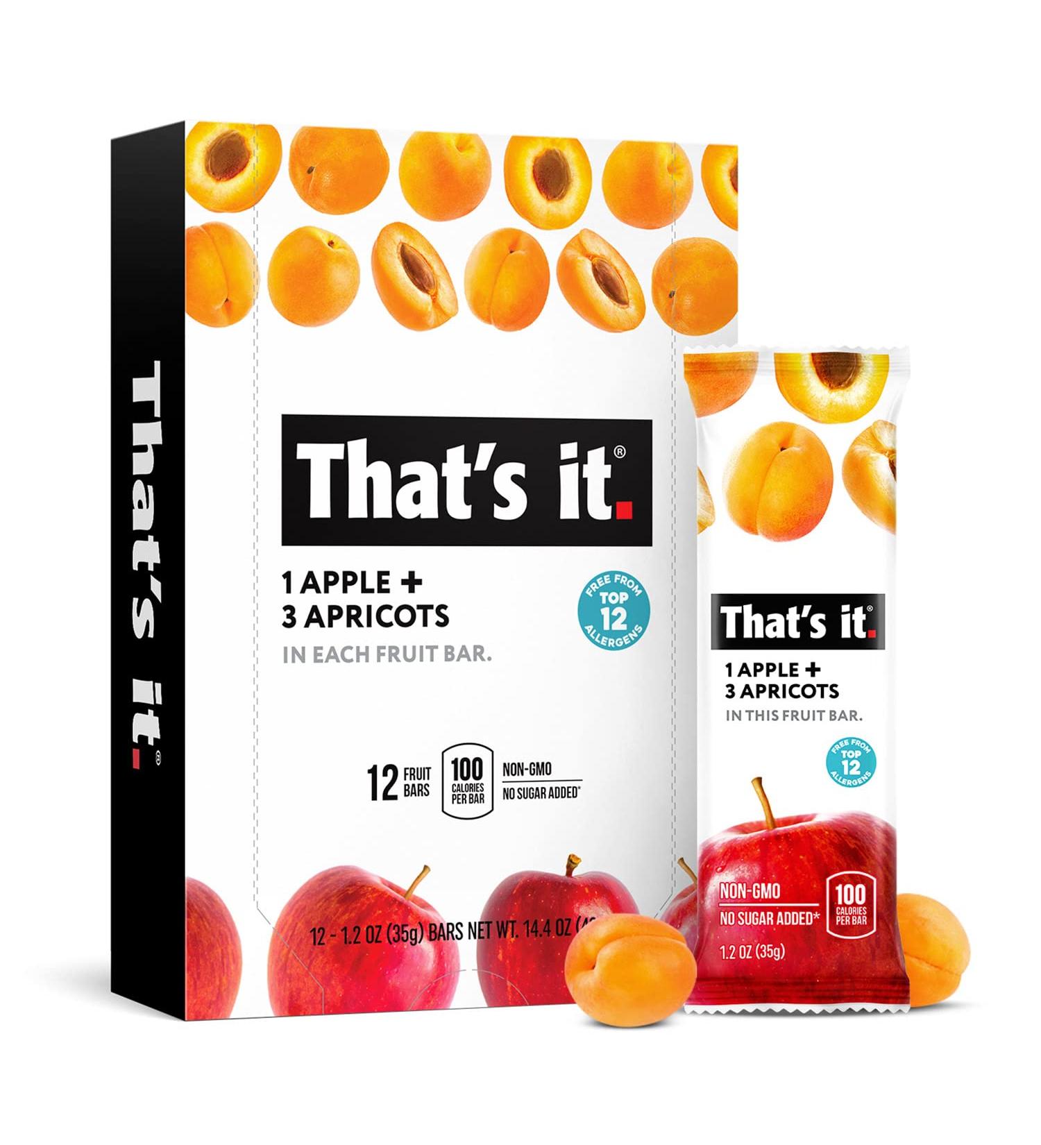 That's it Apple + Apricot Fruit Bar - High Fiber Vegan Snack, Gluten Free, Paleo, Non GMO - 12 Pack - Buy Online on GoSupps.com