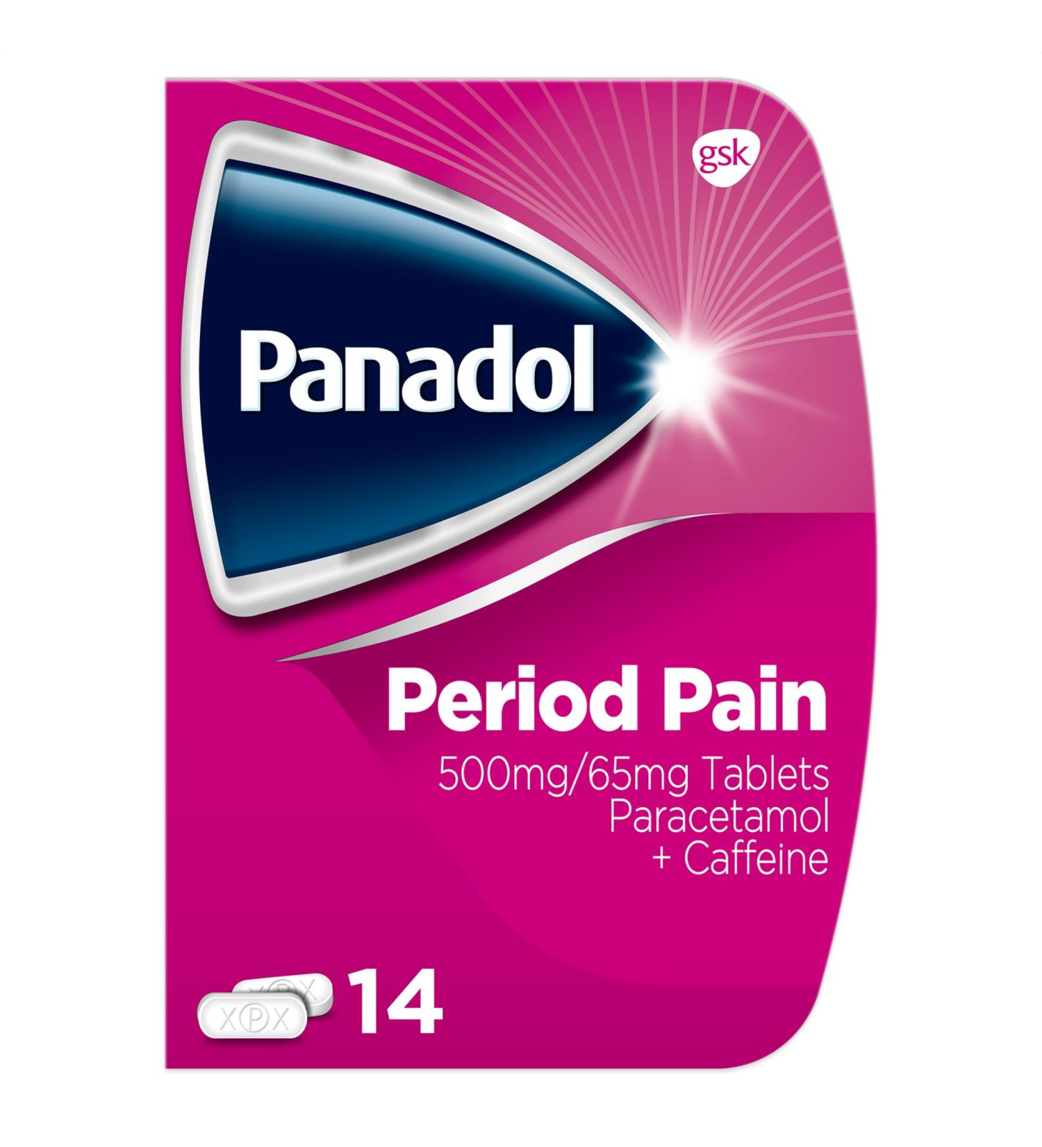 Panadol Paracetamol Caffeine Tablets Period Pain Relief 500 mg/65 mg 31.2 g 14-Count - Buy Online on GoSupps.com