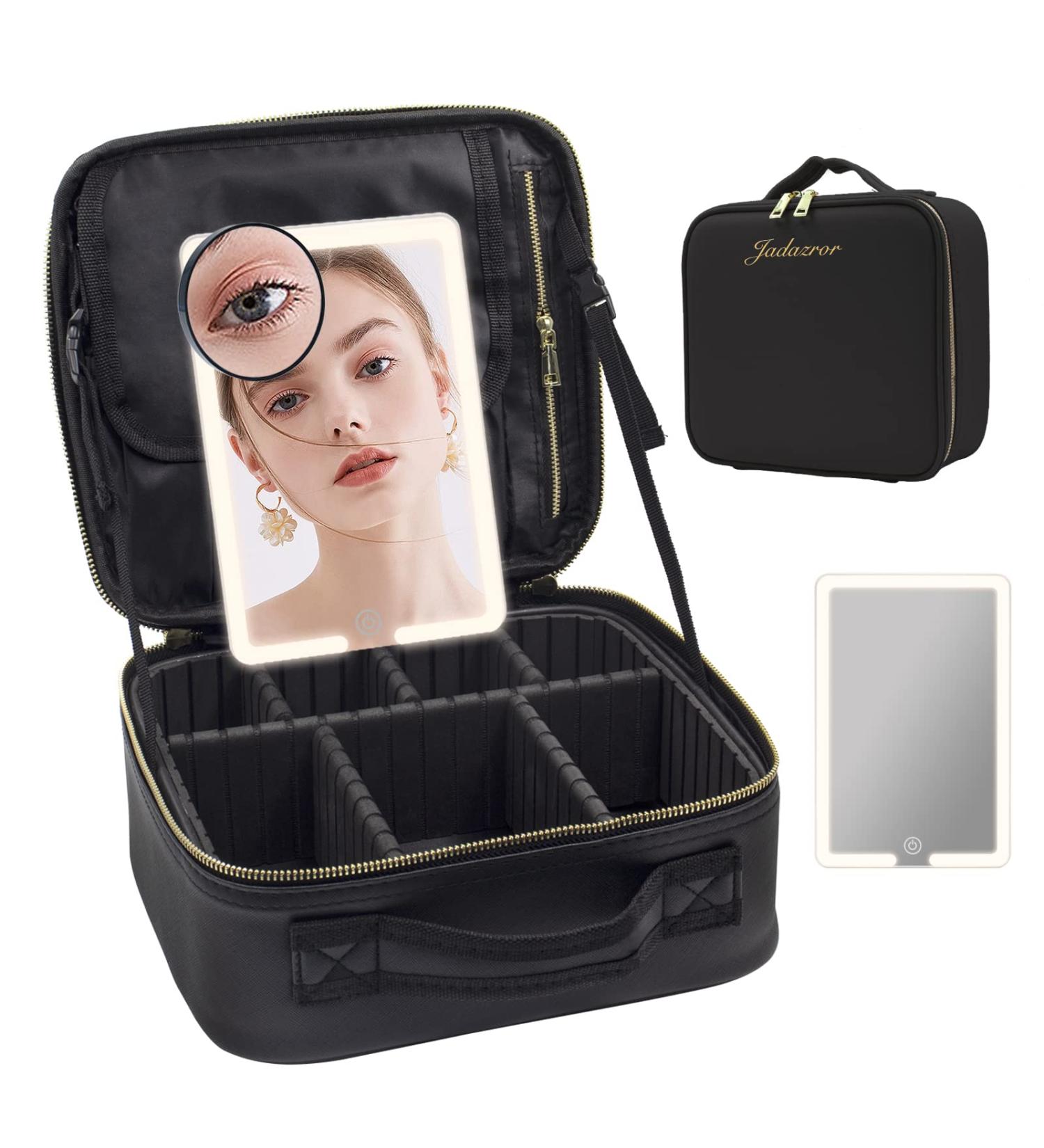 Jadazror Travel Makeup Bag with Partitionable Case, Lighted Mirror, and Brushes Storage - Portable and Compact Design in Black - Buy Online on GoSupps.com