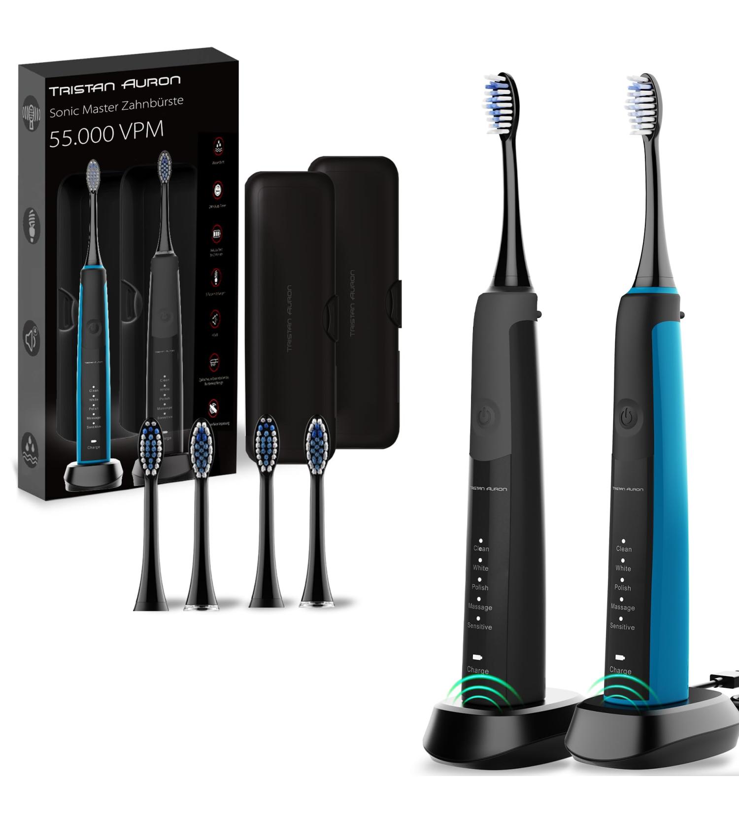 Tristan Auron Double Pack Sonic Toothbrush - 55 000 Vibrations 60-Day Battery 5 Modes Travel Case & 4 Brush Heads - Black & Blue Set - Buy Online on GoSupps.com