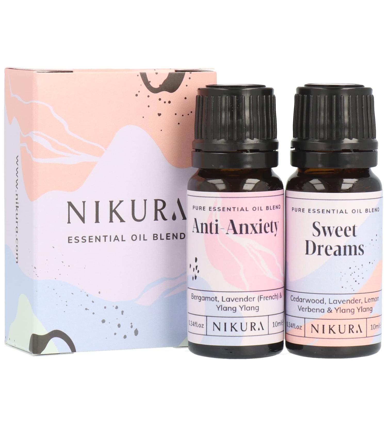 Nikura Anxiety Relief Essential Oil Blends Set - 2 x 10ml | Anti-Anxiety & Sweet Dreams | Aromatherapy Oils for Home Diffusers | Lavender, Bergamot, Ylang Ylang Oil for Stress Relief - Buy Online on GoSupps.com