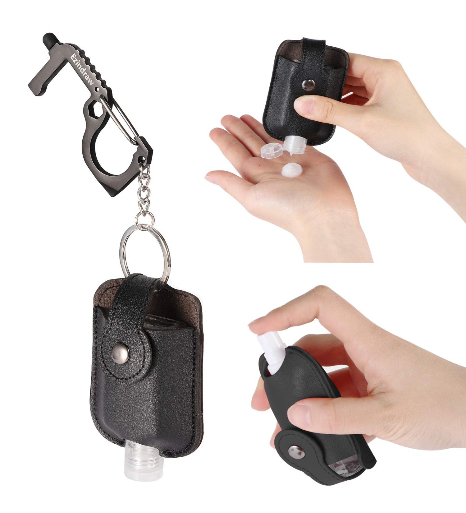 Ezindraw Portable Hand Sanitizer Holder Keychain | No Touch Door Opener | Premium Leather | Refillable Spray Bottle | Travel Size Black - Buy Online on GoSupps.com