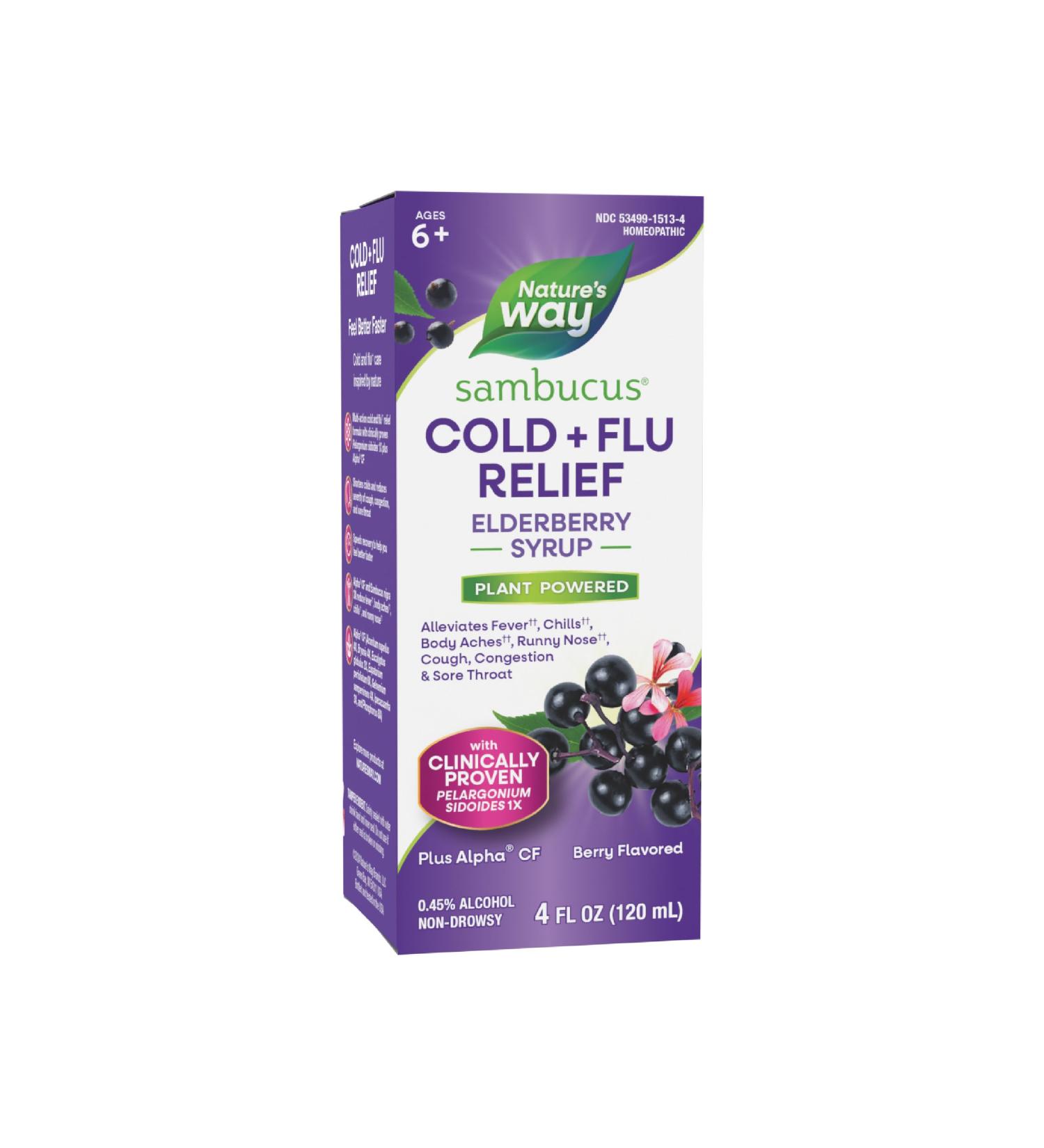 Nature's Way Sambucus Cold + Flu Relief Elderberry Syrup Speeds Recovery for Fever* Body Aches* Chills* Runny Nose* Cough Congestion Sore Throat Berry Flavored 4 Fl. Oz. - Buy Online on GoSupps.com