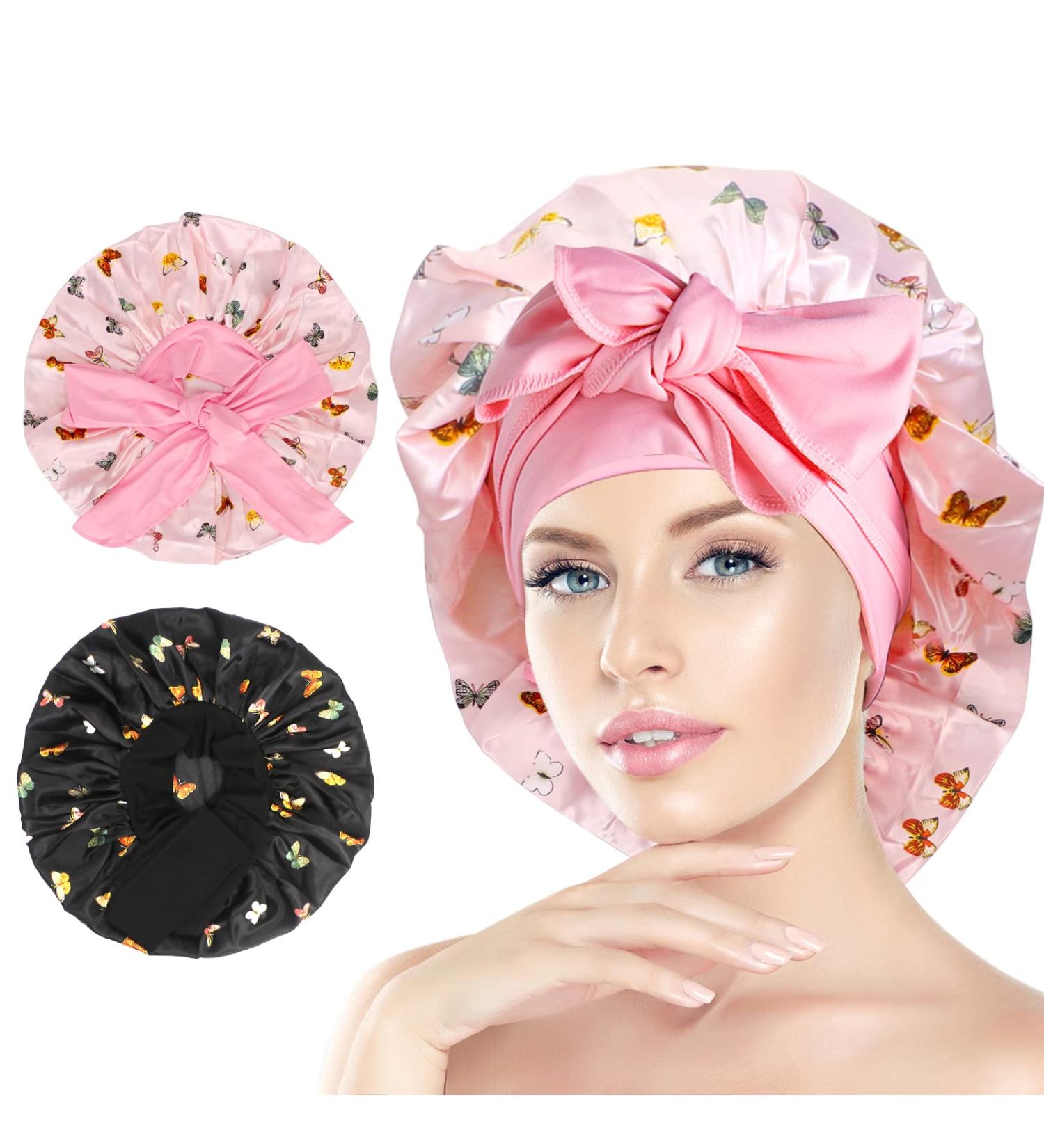 Arqumi Large Silk Bonnet 2PCS - Adjustable Satin Hair Wrap for Sleeping - Elastic Stay On Head - Women's Hair Care - Black & Pink - Buy Online on GoSupps.com