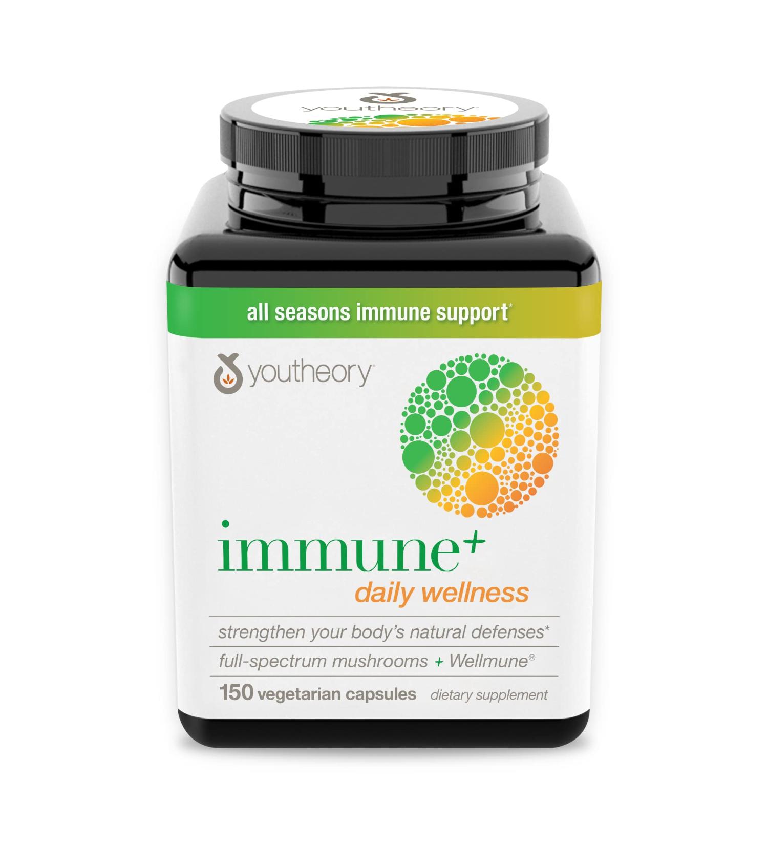 Youtheory Immune+ Daily Wellness with Organic Mushrooms, Beta Glucan, Vitamin C, D3 & Zinc - 150 Vegetarian Capsules - Buy Online on GoSupps.com