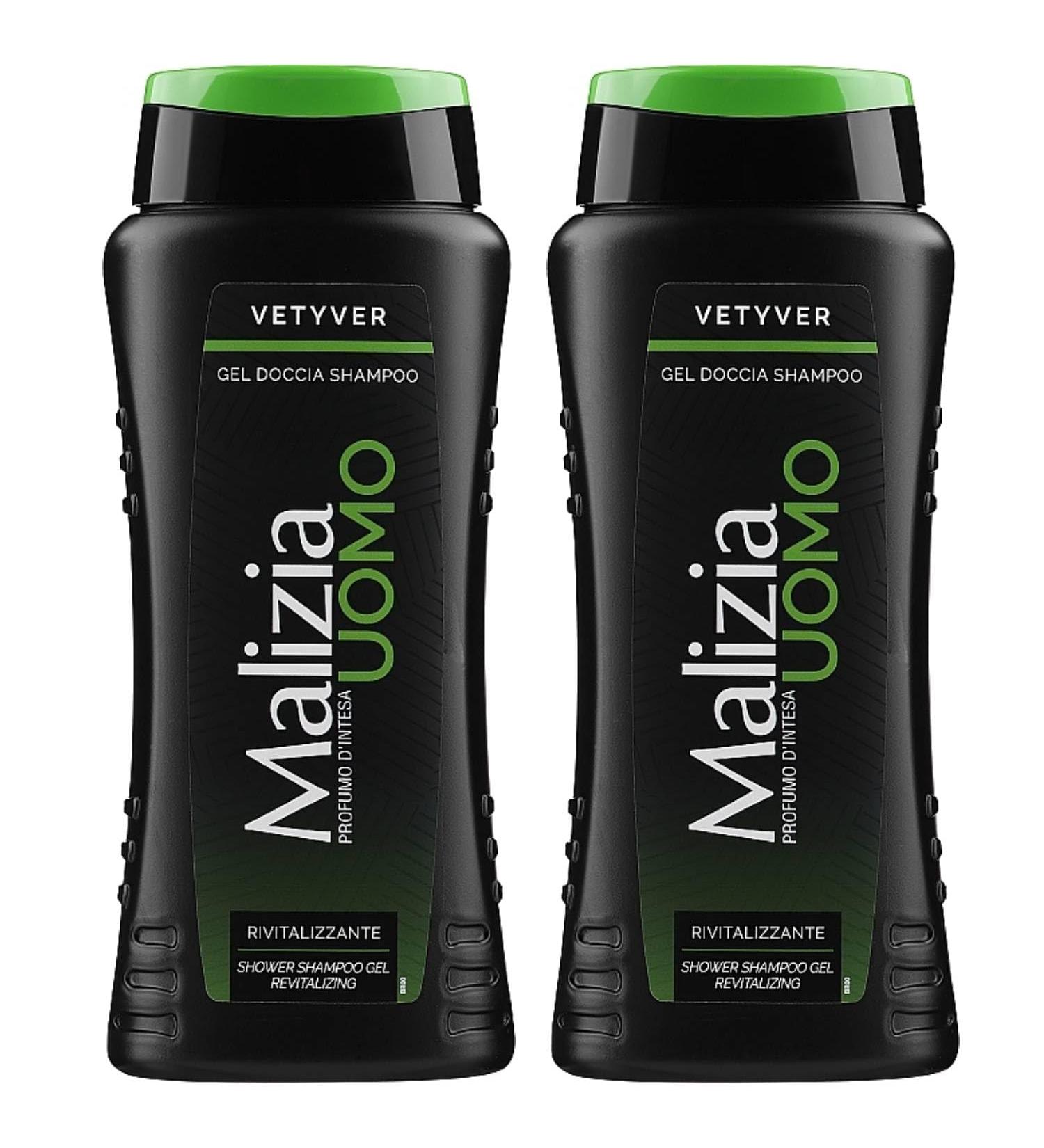 Malizia Malizia Homme Parfum d'Entente Vetyver 2-in-1 Shower Gel & Shampoo with Aloe Vera 250ml - Revitalizing Energizing Cleansing Body and Hair - For Daily Use (2 Units)