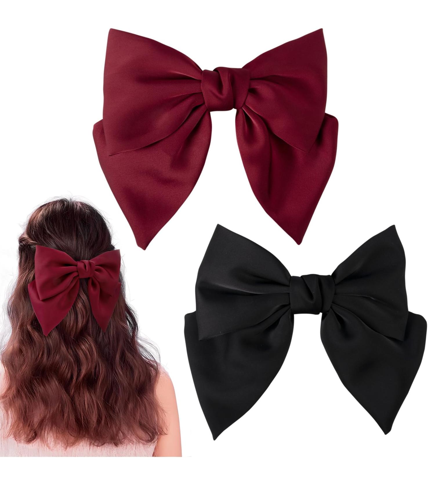 Dalababa Bow Hair Clips 2 Pcs Large Hair Bows Silky Satin Ribbon Hair Barrettes French Bowknot Hairpins Hair Accessories For Women Girls (Black & Burgundy) Black burgundy - Buy Online on GoSupps.com