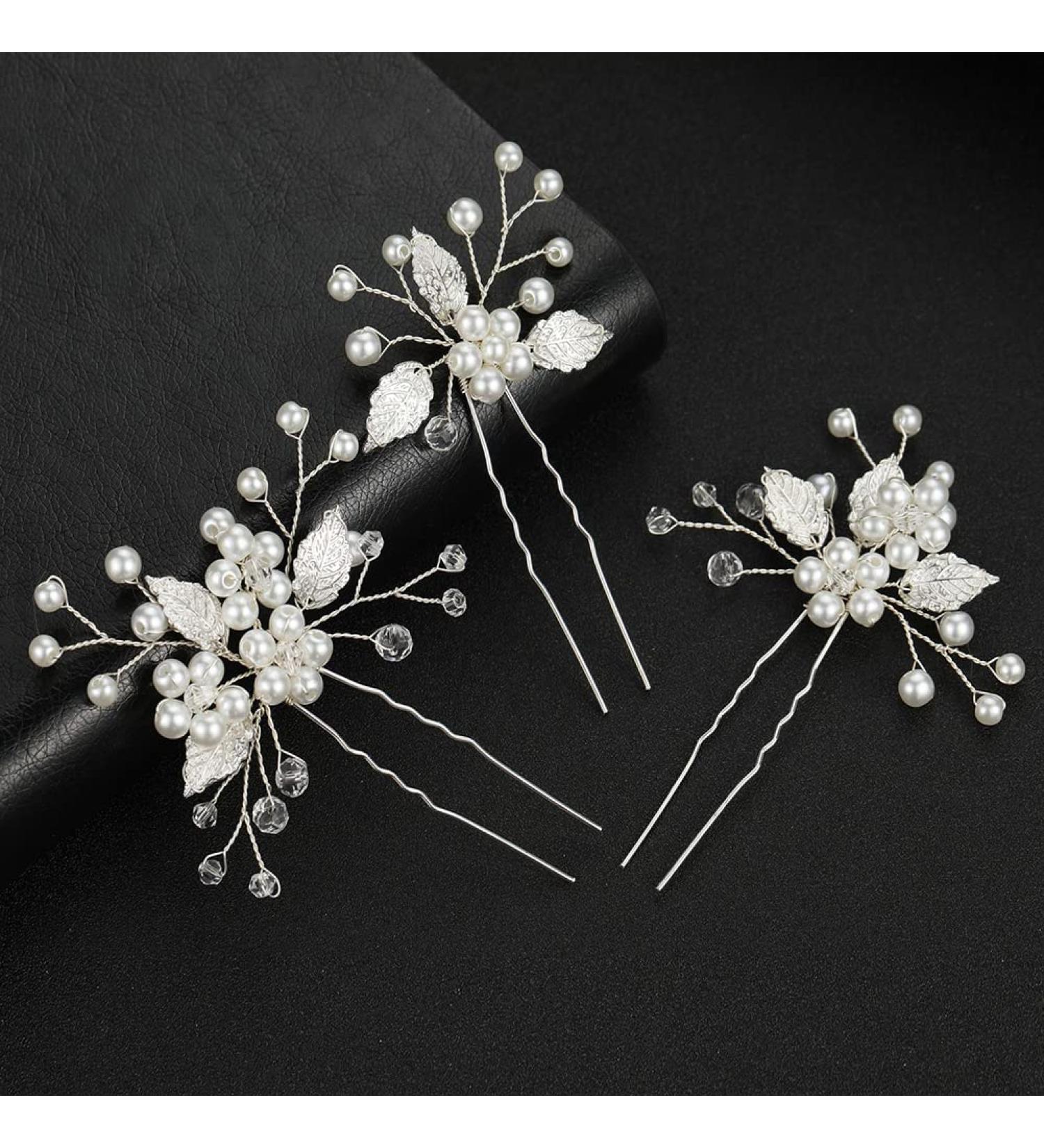 3 Pack Pearl Bride Wedding Hair Pins | Crystal Headpiece for Women and Girls | Rhinestone Pearl Hair Accessories - Silver - Buy Online on GoSupps.com