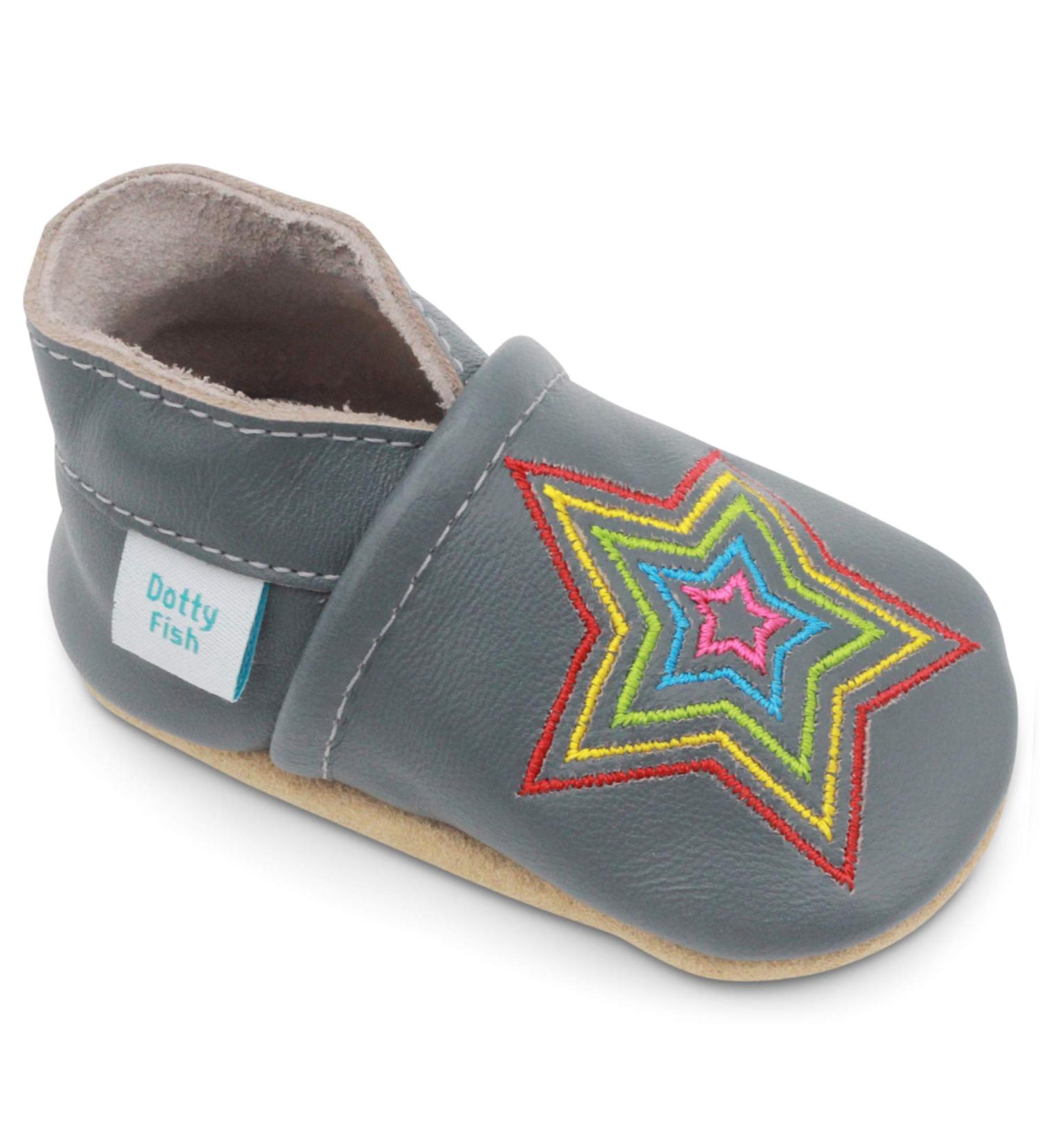 Dotty Fish Soft Leather Toddler Shoes for Boys | Non-Slip Suede Soles | Grey Rainbow Star | 0-6 Months to 4-5 Years - Buy Online on GoSupps.com