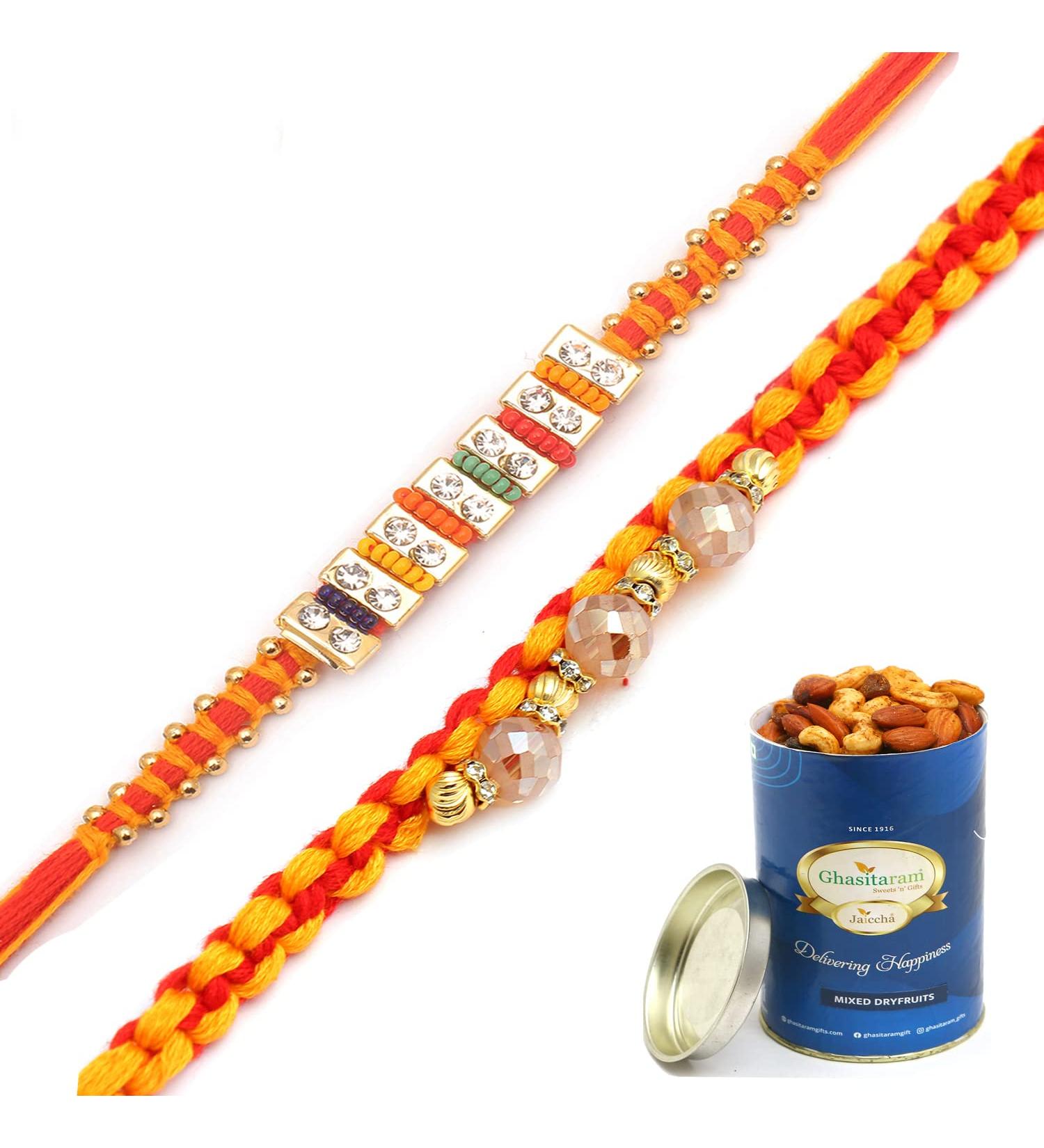 Ghasitaram Gifts Rakhi for Brother Rakhis Online - Set of 2 Glittering Thread and Multicolour Stone Premium Rakhis with 100 GMS of Dryfruits Mix Can - Buy Online on GoSupps.com