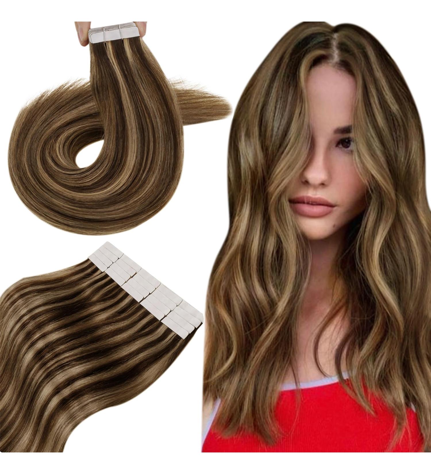 Buy Hetto Tape in Extensions - Real Thick Brown Hair Invisible & Recovery Dark Brown with Red Blonde #P4/27 45cm 50g - Buy Online on GoSupps.com