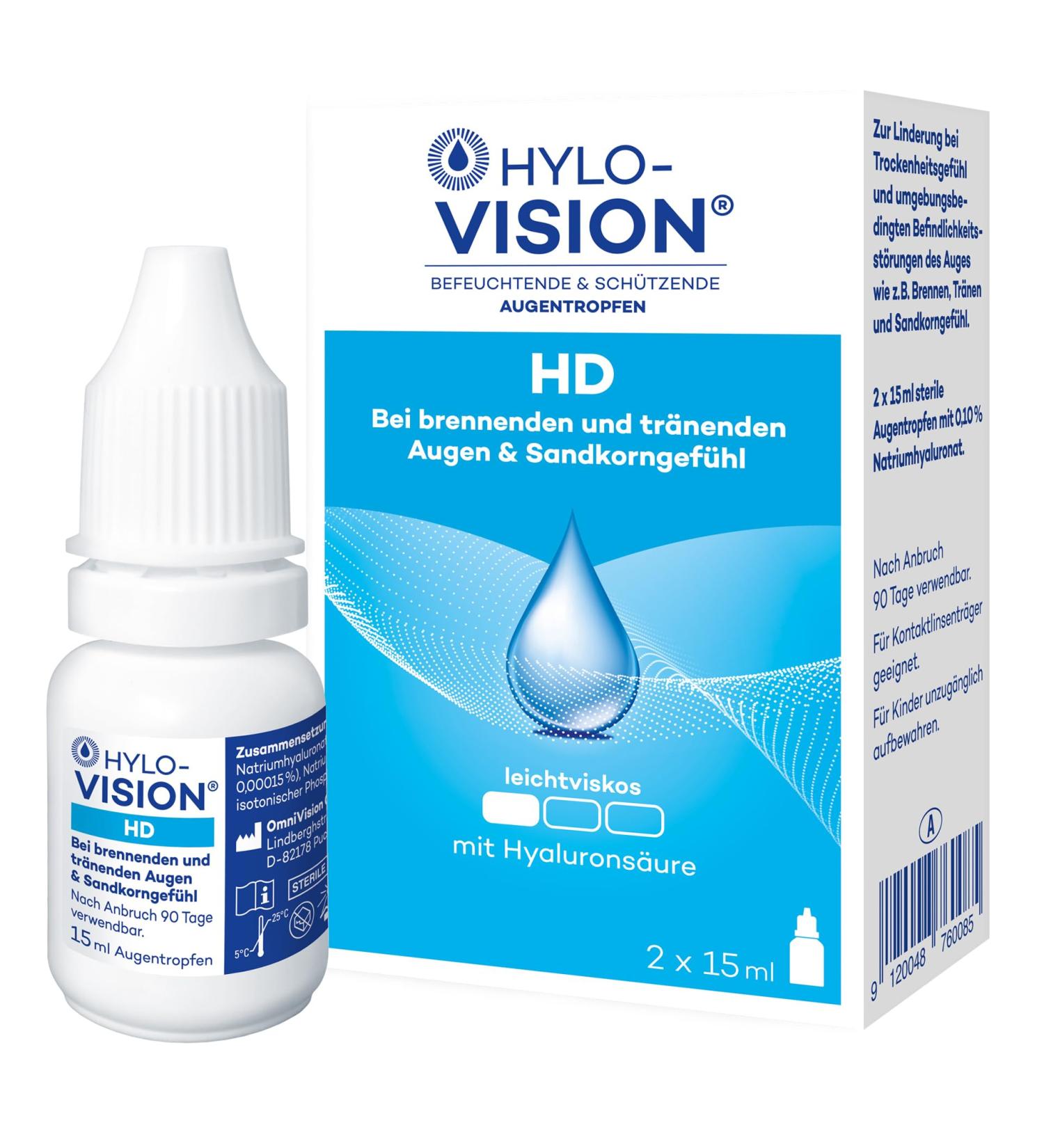 HYLO-VISION HD Eye Drops - Relief for Dry Burning Watery Eyes | Moisture & Protection for Contact Lenses | 2 x 15 ml - Buy Online on GoSupps.com