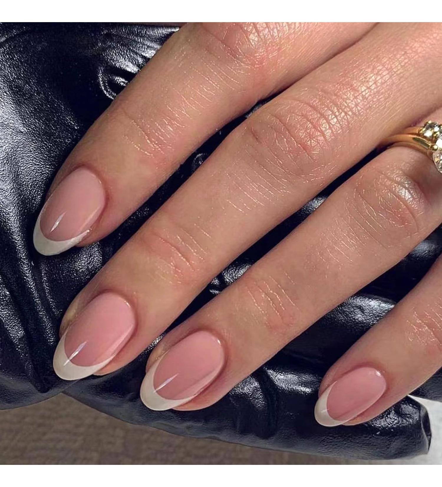 24 Pcs Nude Almond & French White Press-On Nails | Full Cover Artificial Acrylic Fingernails with Nail Glue Sticker for Women & Girls - Buy Online on GoSupps.com