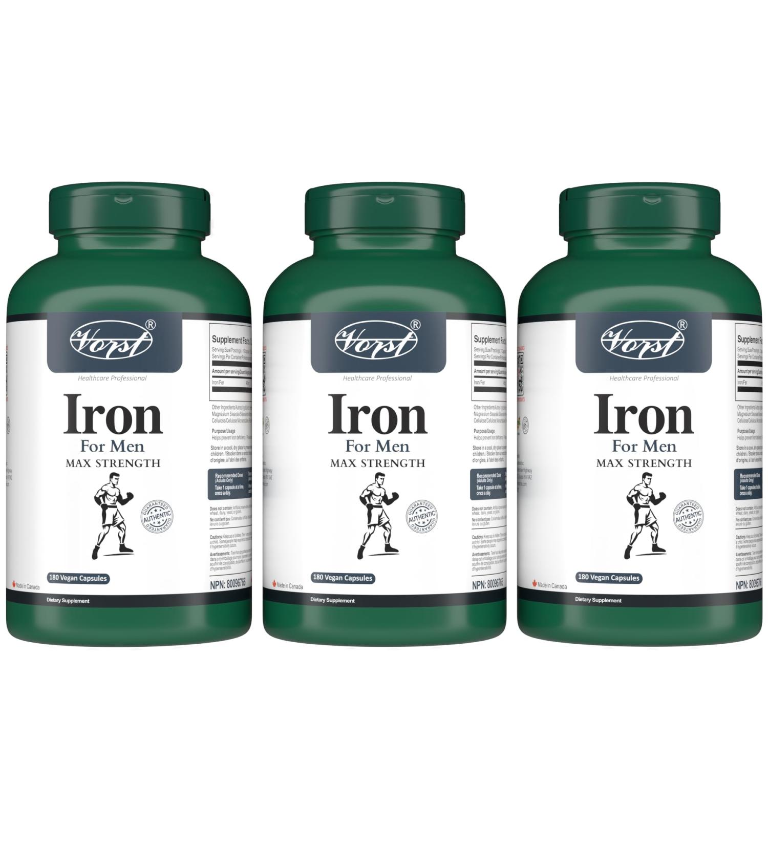 VORST Iron Supplement for Men Max Strength 3 x180 Vegan Capsules | Made with Ferrous Fumarate | Alternative to Liquid | 3 Bottles 540 count (Pack of 1) - Buy Online on GoSupps.com