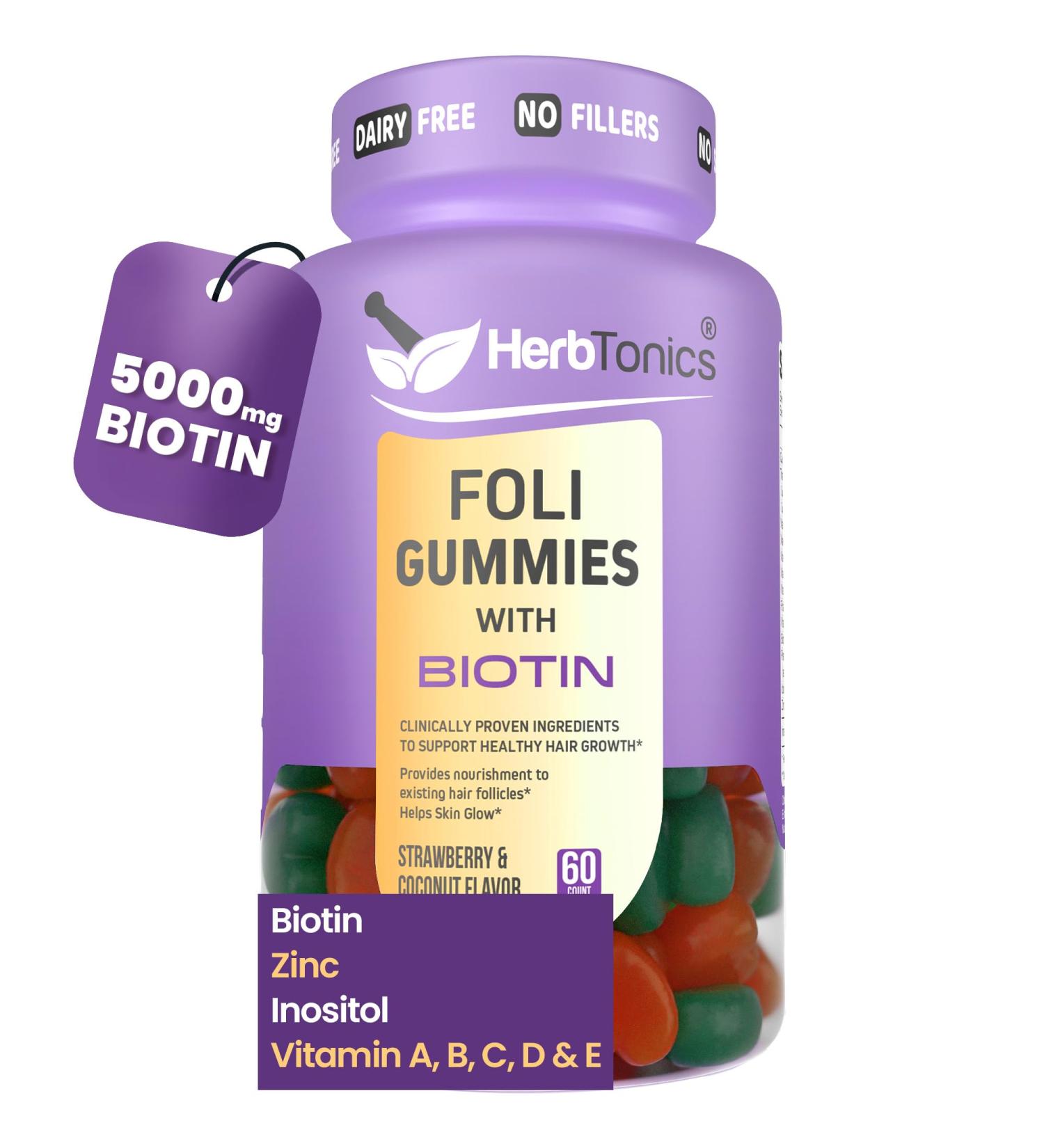 Herbtonics Foli Biotin Gummies with Hair Vitamins | Hair Growth Supplement for Women & Men | Hair Skin and Nails Vitamins Sugarfree Gummies for Women | 60 Count - Buy Online on GoSupps.com