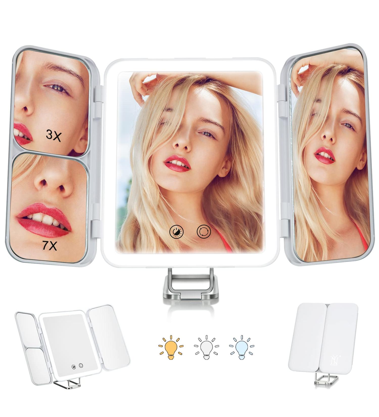Nuoya LED Lighted Rechargeable Makeup Mirror | 1X/3X/7X Magnification Trifold Vanity Mirror with 64 LED Beads | Touch Screen Dimming & Adjustable Stand | Perfect for Countertop, Travel, Bathroom - Buy Online on GoSupps.com