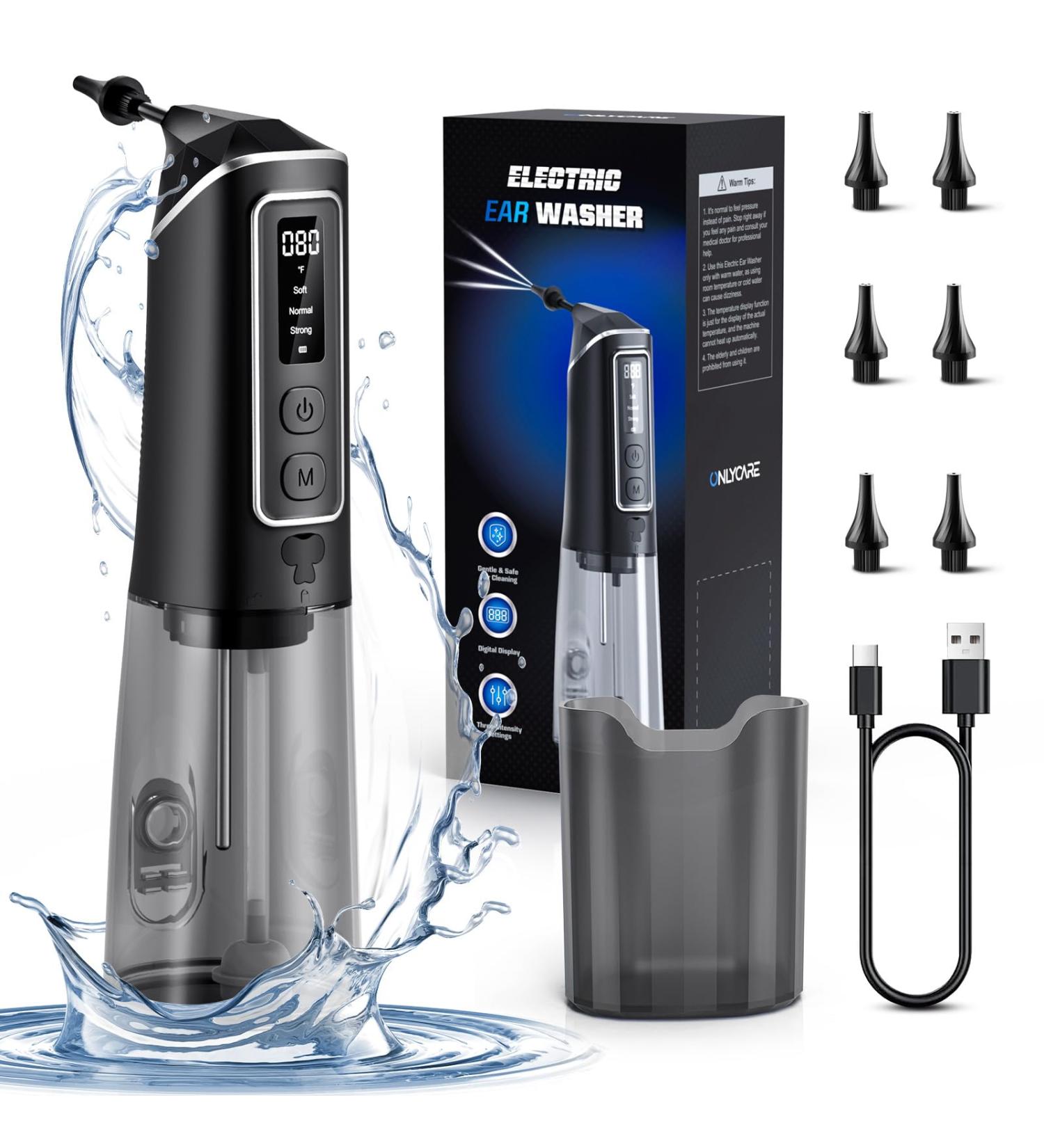 ONLYCARE Electric Ear Wax Removal Kit - 3 Pressure Modes LED Display Water Powered Ear Cleaner with 6 Reusable Tips - Black | International Shipping Available - Buy Online on GoSupps.com