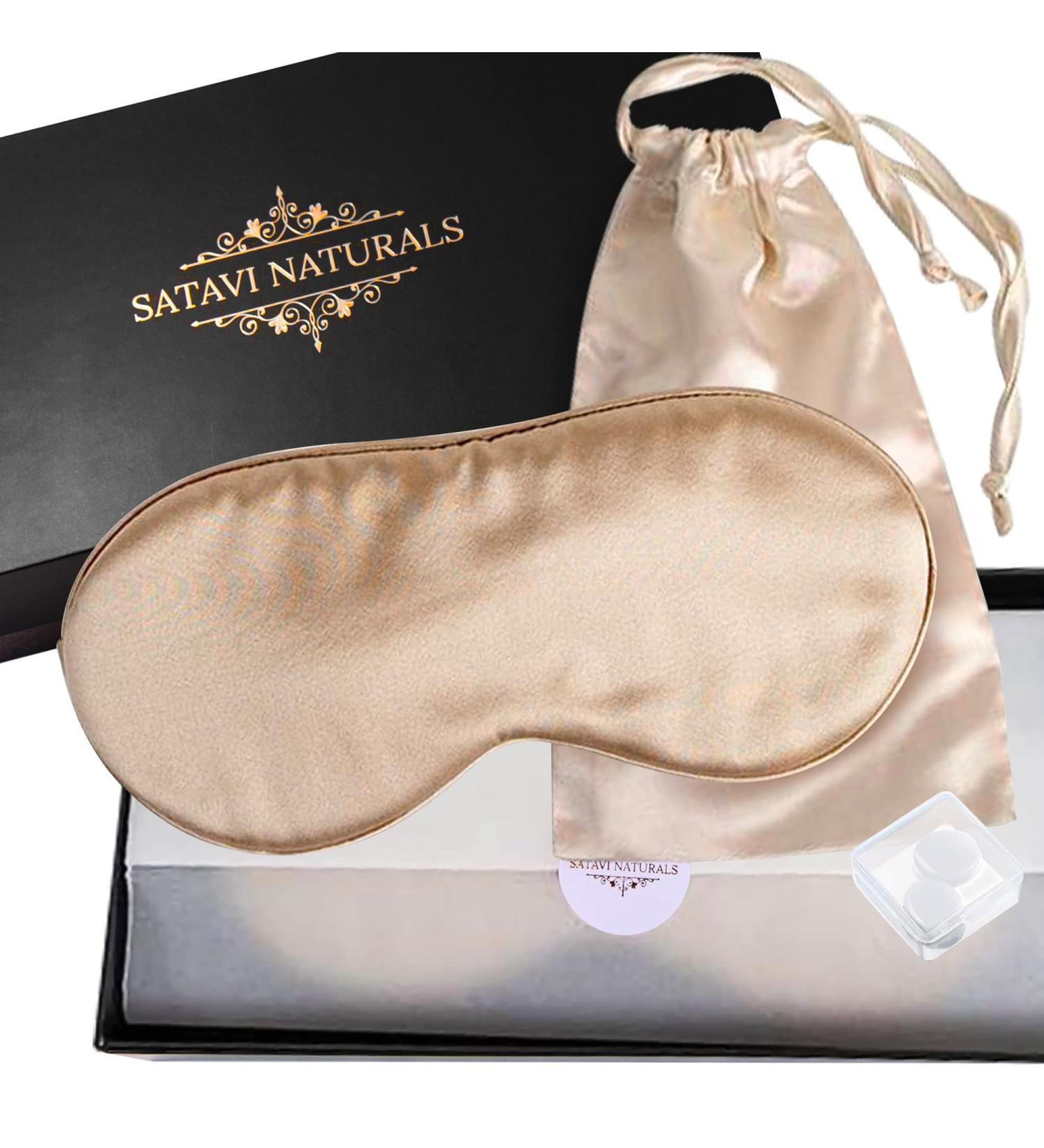 Satavi Naturals Organic Mulberry Silk Eye Mask for Sleeping with Ear Plugs - Cooling Night Cover for Women - Champagne - Buy Online on GoSupps.com