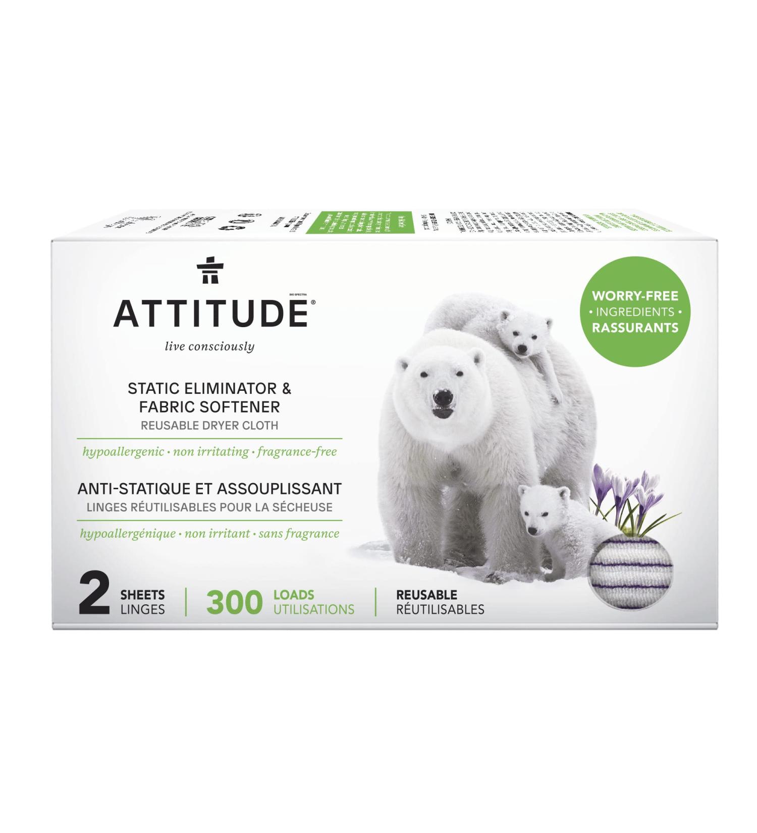 ATTITUDE Hypoallergenic Static Eliminator Cloths & Softeners - Fragrance Free, Reusable for 300 Loads - Buy Online on GoSupps.com