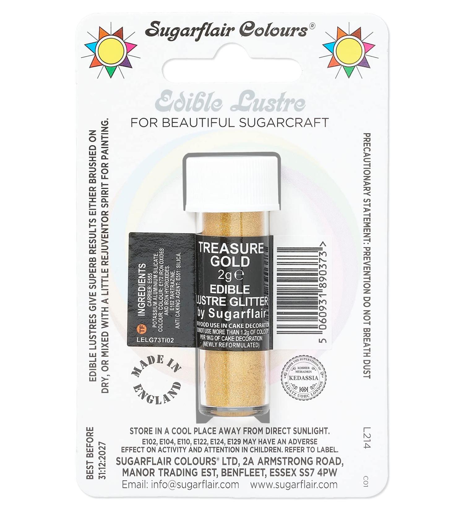 Sugarflair Treasure Gold (E171 Free) Edible Lustre Glitter Add a Lustrous Shine to Cakes or Decorations. Brush On or Add Rejuvenator to Create Eye-Catching Edible Paint - 2g