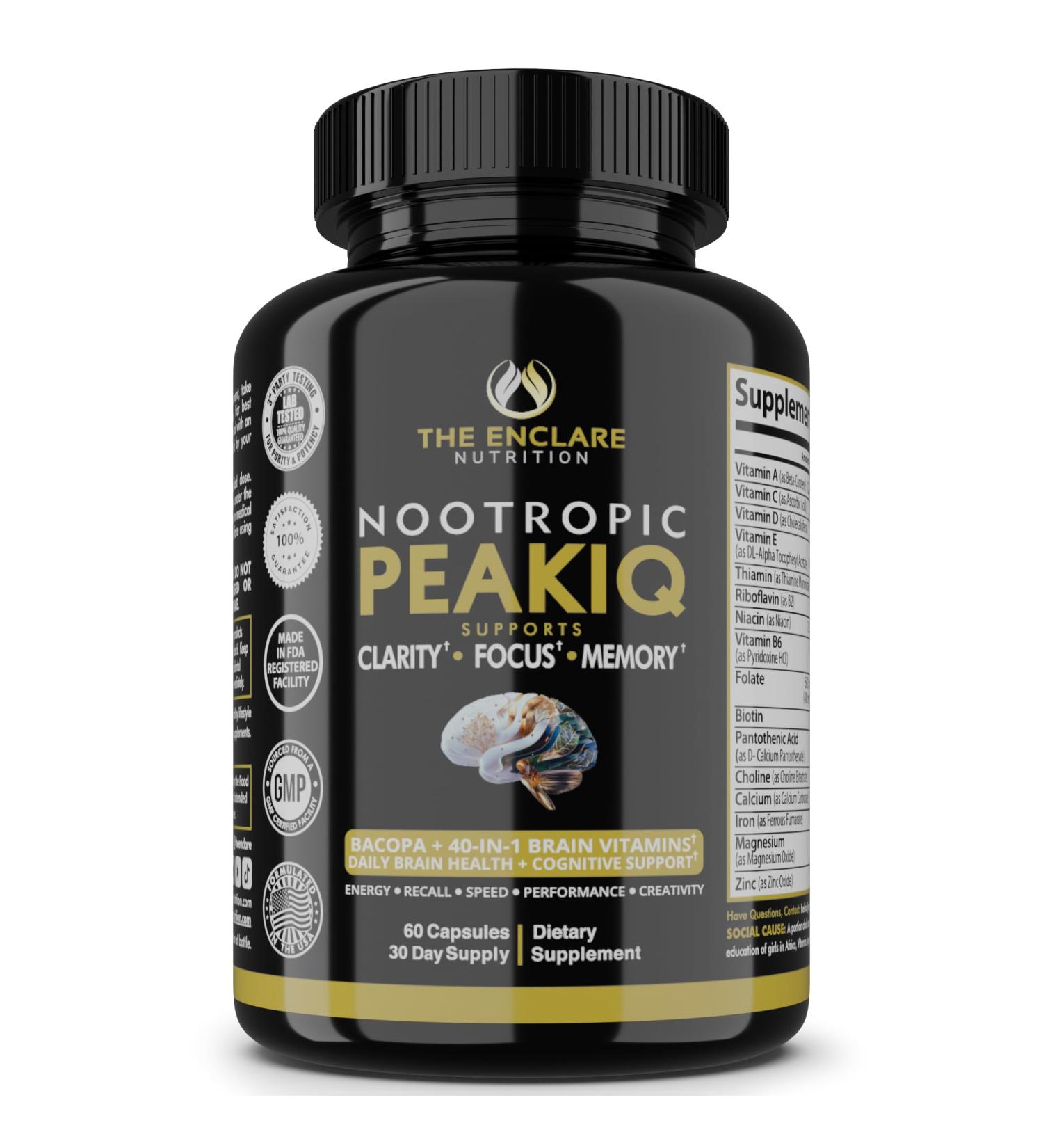 Nootropic Brain Booster Focus Supplement Clarity Memory Brain Vitamins With 40 Nootropics Phosphatidylserine Bacopa Monnieri Huperzine A DMAE Inositol L-Glutamine Selenium Choline DHA (1) - Buy Online on GoSupps.com