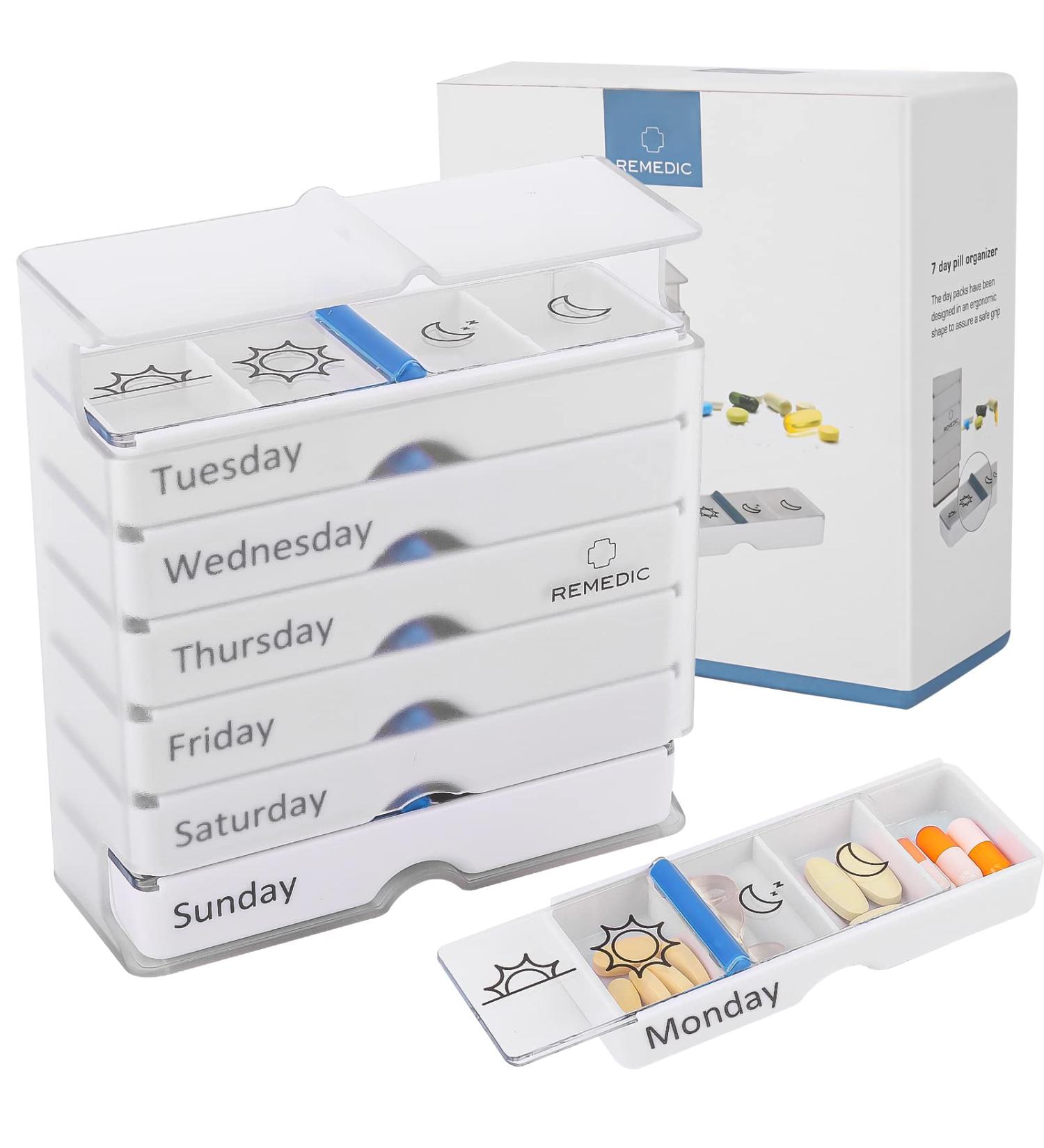 Weekly Pill Organizer 7 Day AM/PM Arthritis Friendly Easy Grip Medicine Planner with 4 Compartments for Vitamins & Supplements White Pillbox for Daily Medications - Buy Online on GoSupps.com