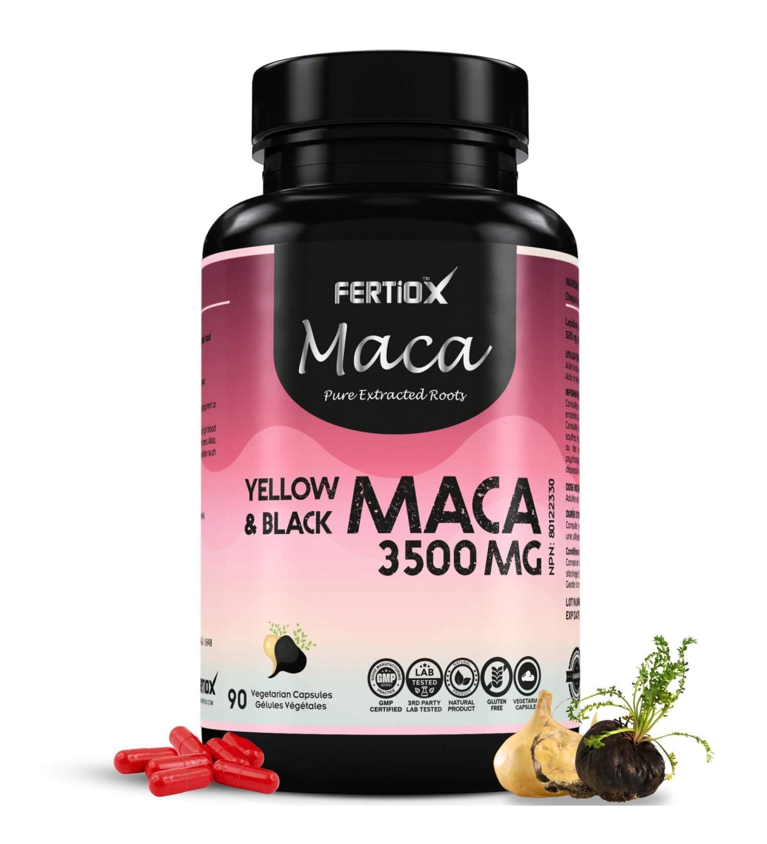Fertiox Maca Capsules for Men and Women - Maca Root Pure Extracted Black and Yellow Maca 90 Veggie Capsules 3500 mg Per Capsule 90 Day Supply Provides Antioxidants and Health Support Made In Canada - Buy Online on GoSupps.com