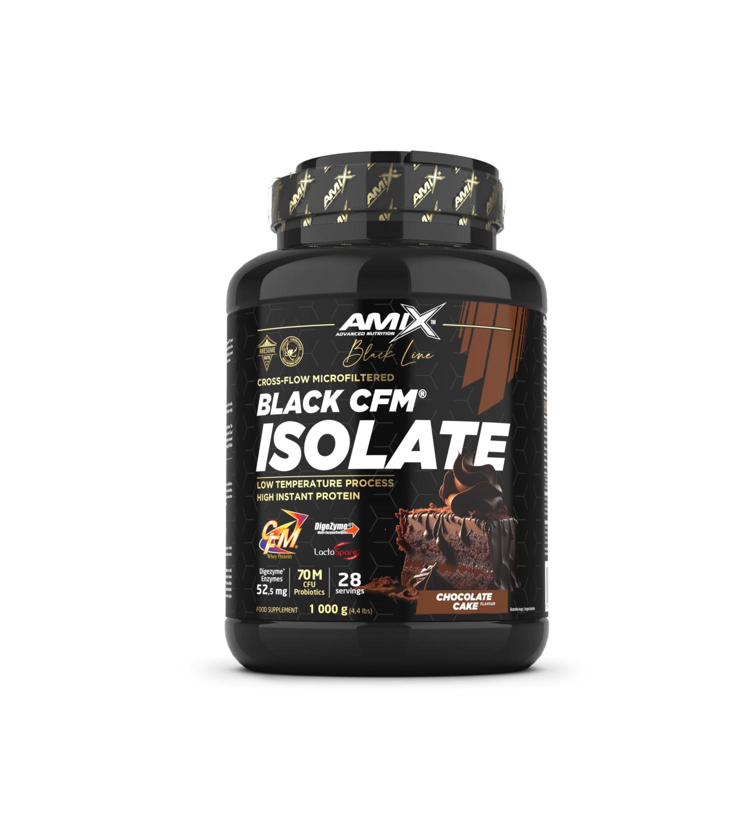 Amix | BLACK CFM ISOLATE Protein - Helps Maintain Muscle Mass - With Digestive Enzymes - Easy Digestion - Fast Absorption - Protein Powder - 1kg - Chocolate Cake Flavor - Buy Online on GoSupps.com