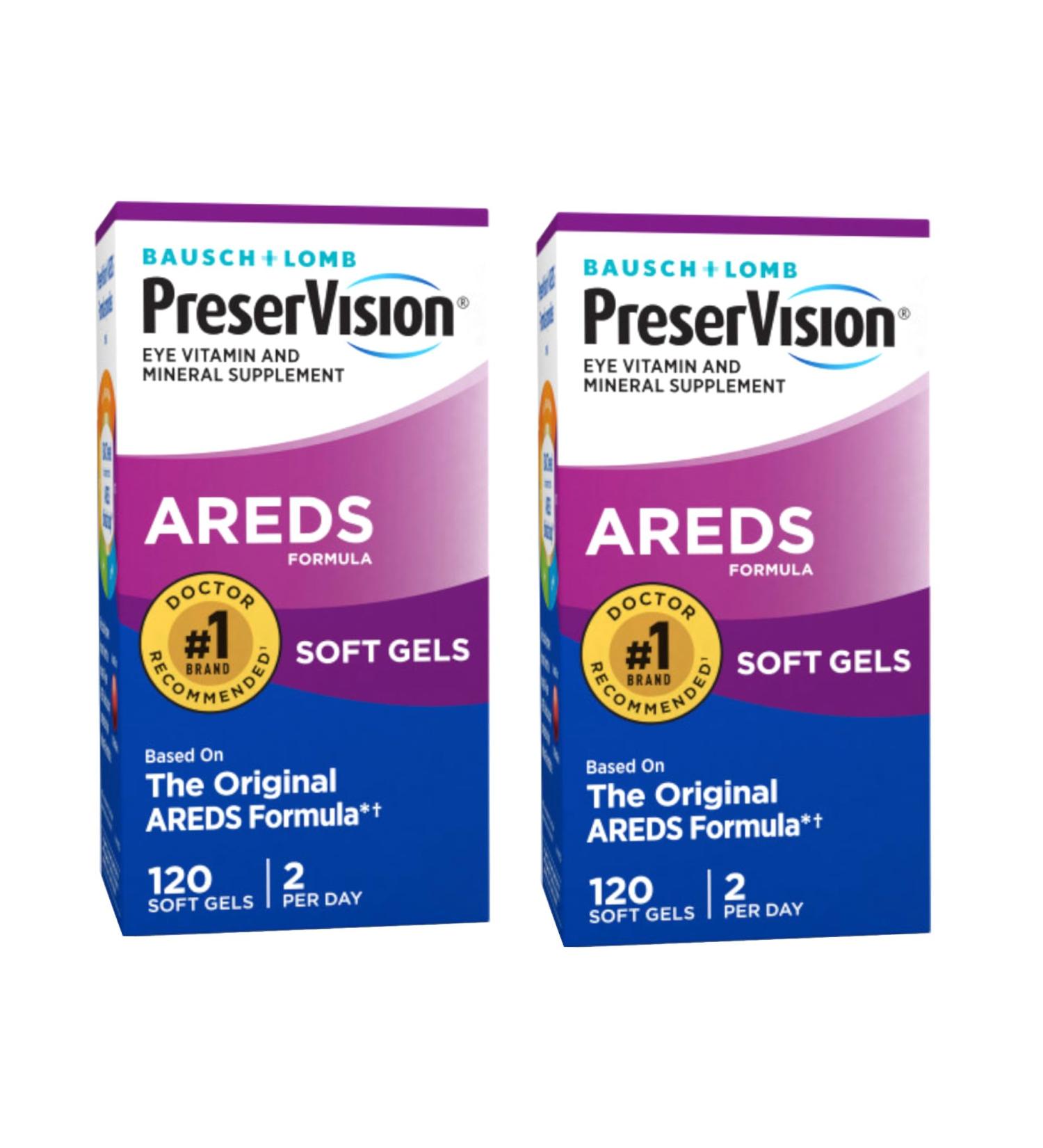 Bausch + Lomb PreserVision AREDS Eye Vitamin & Mineral Supplement Tablets 120 Count Bottle (Soft Gels) (Pack of 2) - Buy Online on GoSupps.com