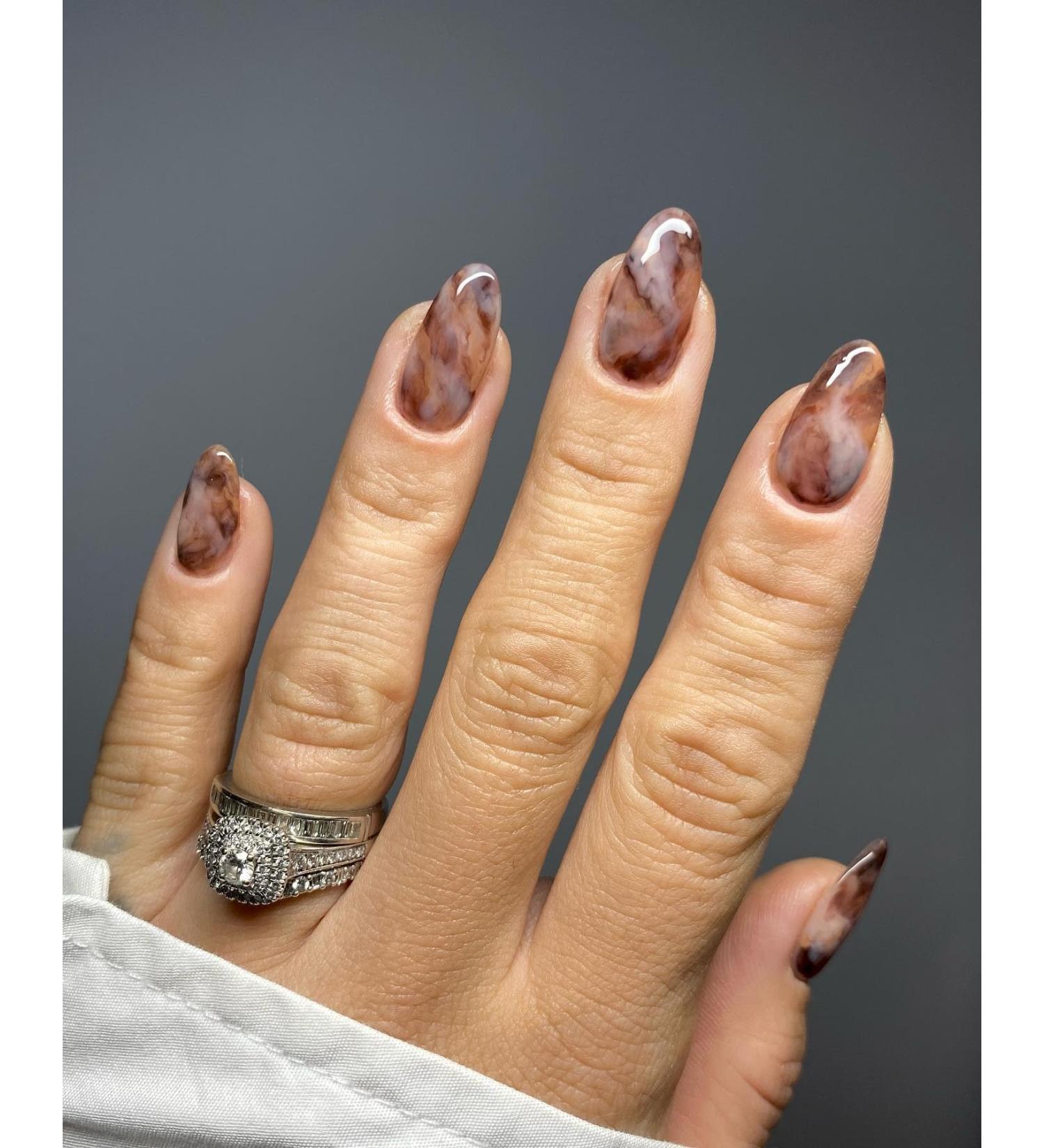 Almond Shaped Press on Nails - Medium Oval Nude Acrylic with Brown Marble Design | Glossy Stick On Fake Nails for Women & Girls - Style 9 - Buy Online on GoSupps.com