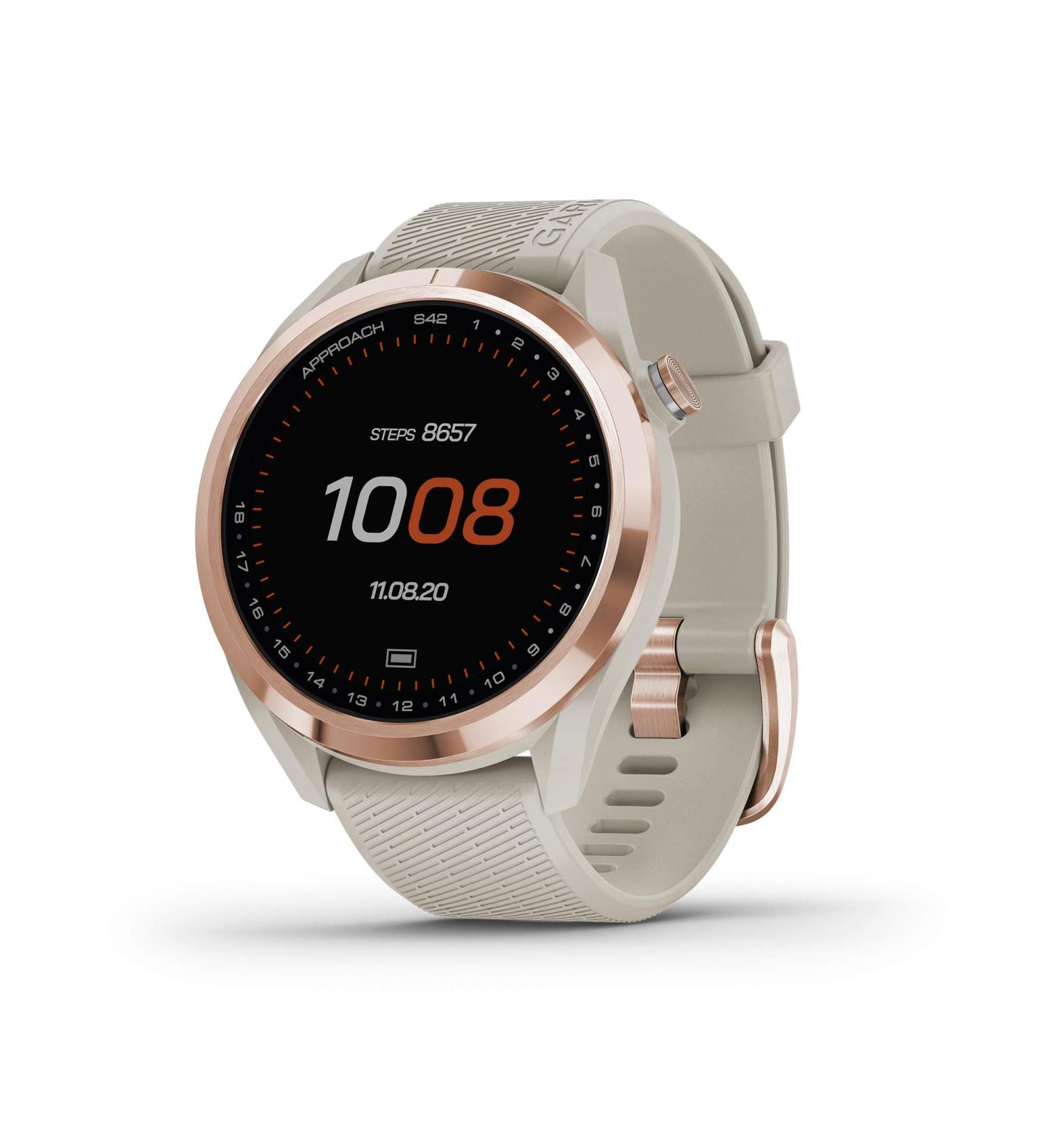 Garmin Approach S42 GPS Golf Smartwatch - 1.2 Touchscreen, 42k+ Preloaded Courses, Rose Gold Ceramic Bezel - Tan Silicone Band | 010-02572-12 - Buy Online on GoSupps.com