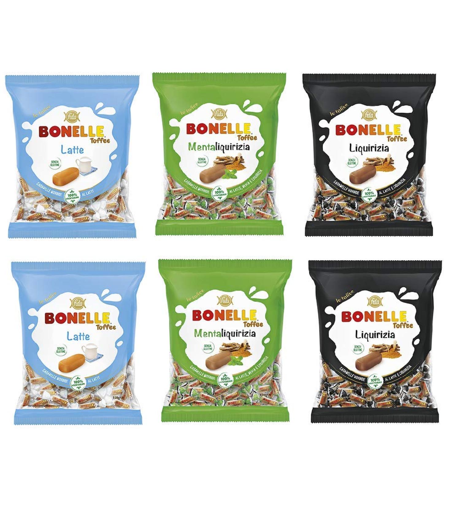 Fida Fida Bonelle Toffee Candy Liquirizia Test Pack - Latte - MentaLiquirizia Gluten Free Vegetarian Sweets Lacritz - Milk - Mint & Lakritz (6 x 150g)