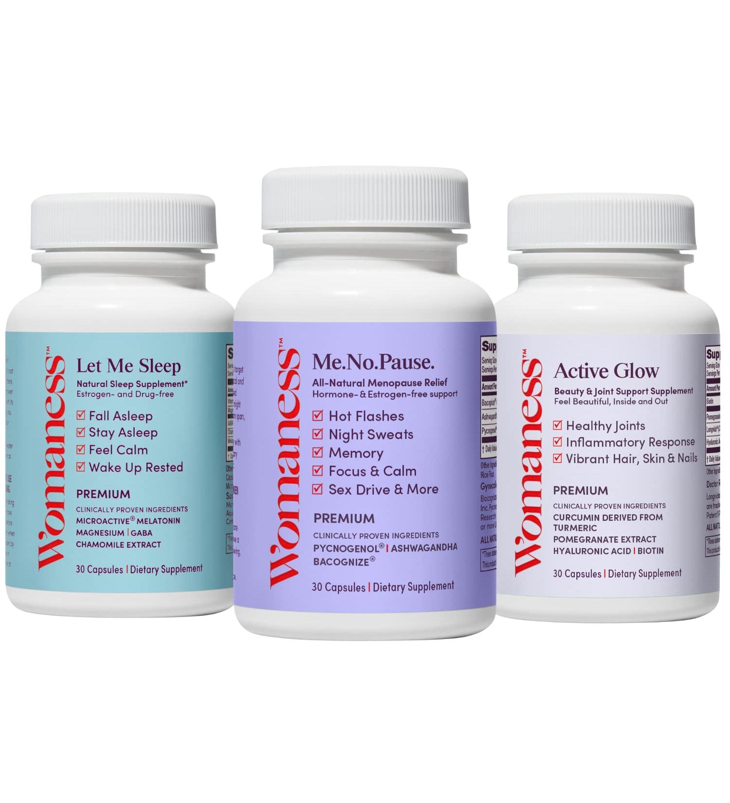 Womaness Menopause Supplement Trio - Sleep Support, Hot Flash Relief, Skin & Hair Health - 90 Capsules - Buy Online on GoSupps.com