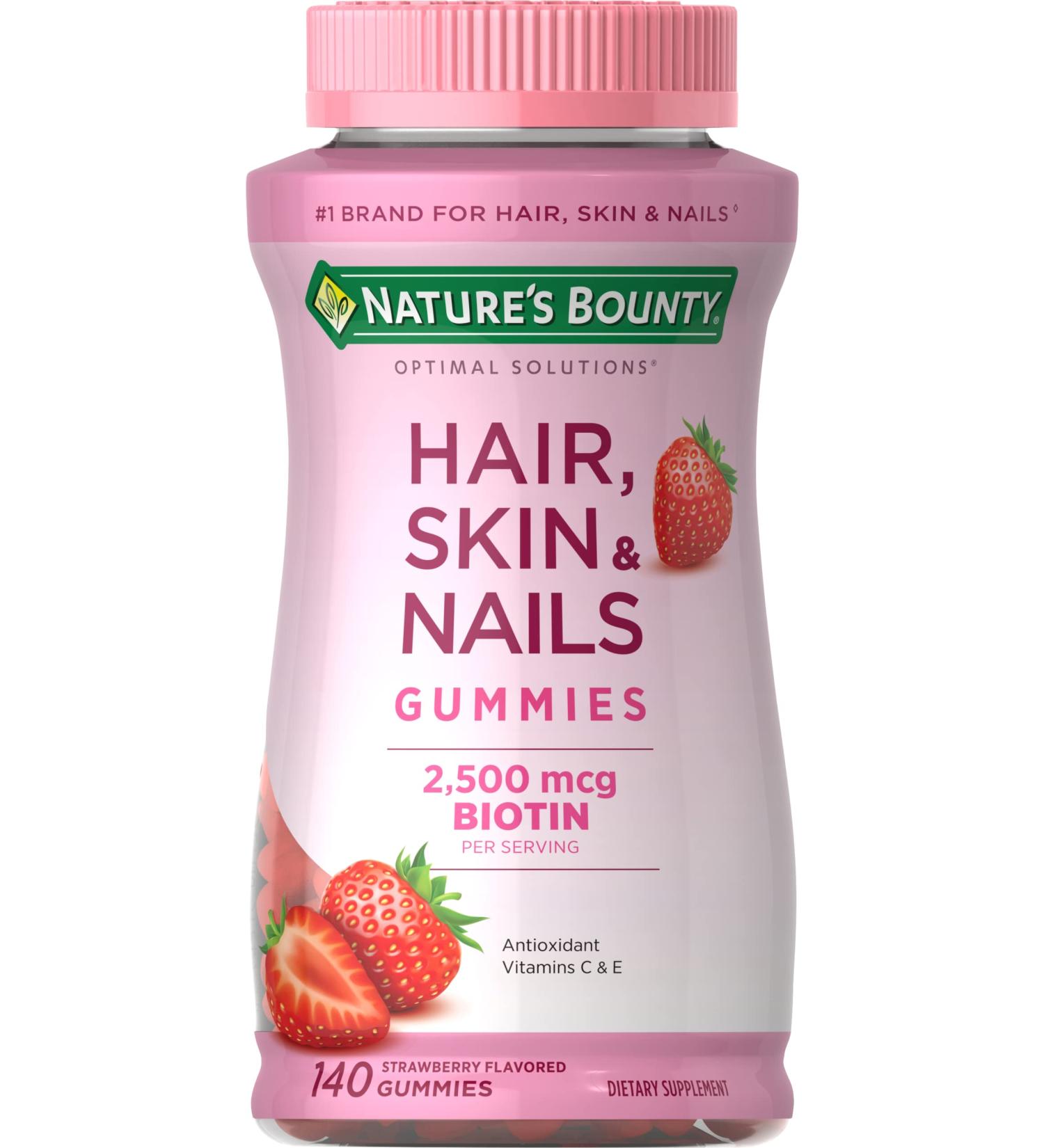 Nature's Bounty Hair Skin & Nails Gummies - 2500 mcg Strawberry Flavor, 140 Count - Buy Online on GoSupps.com