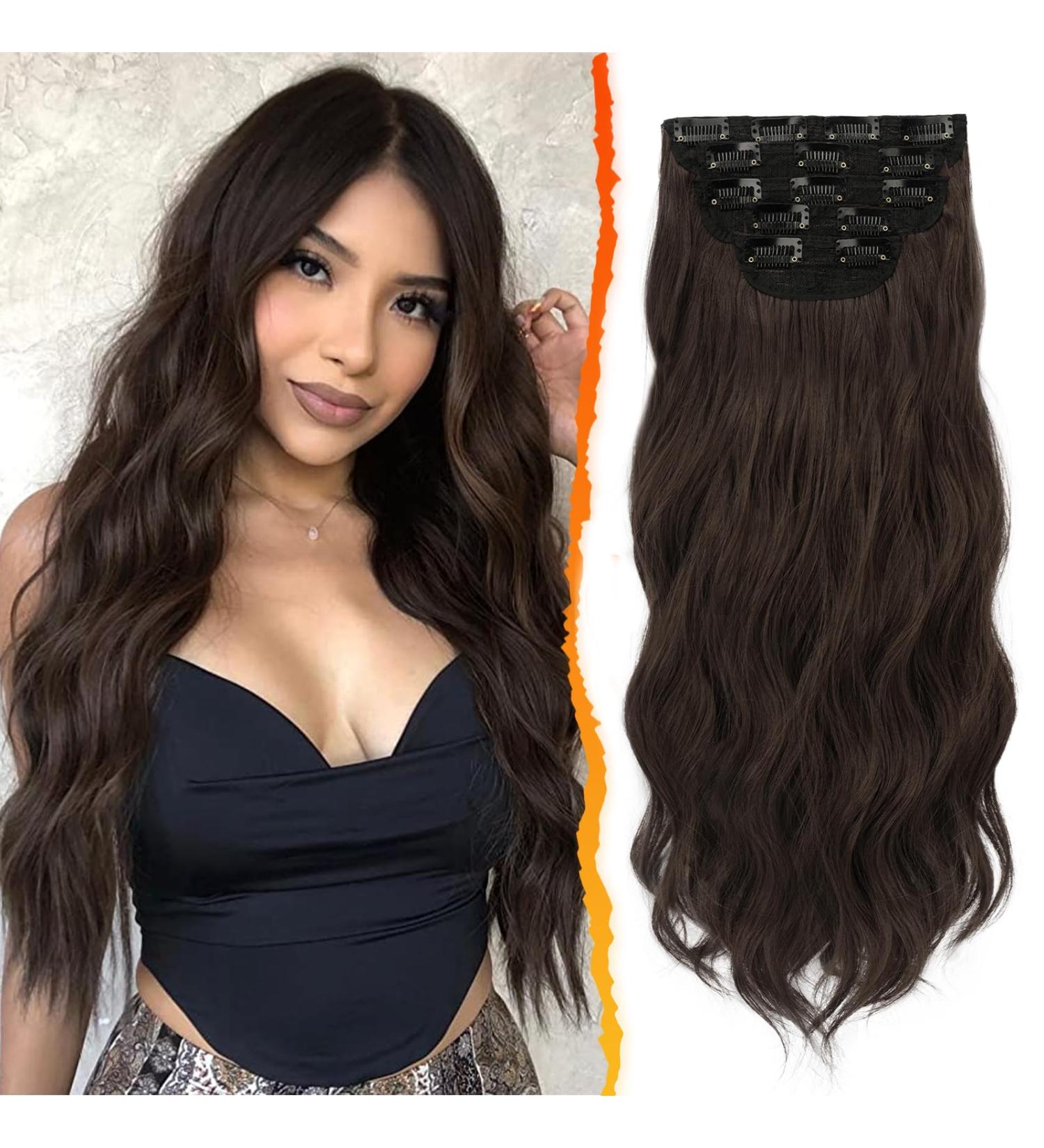 BARSDAR 5 PCs Long Wavy Clip In Hair Extensions - Thick Natural Synthetic Hair for Women & Girls - 45 cm Dark Chocolate Brown - Buy Online on GoSupps.com