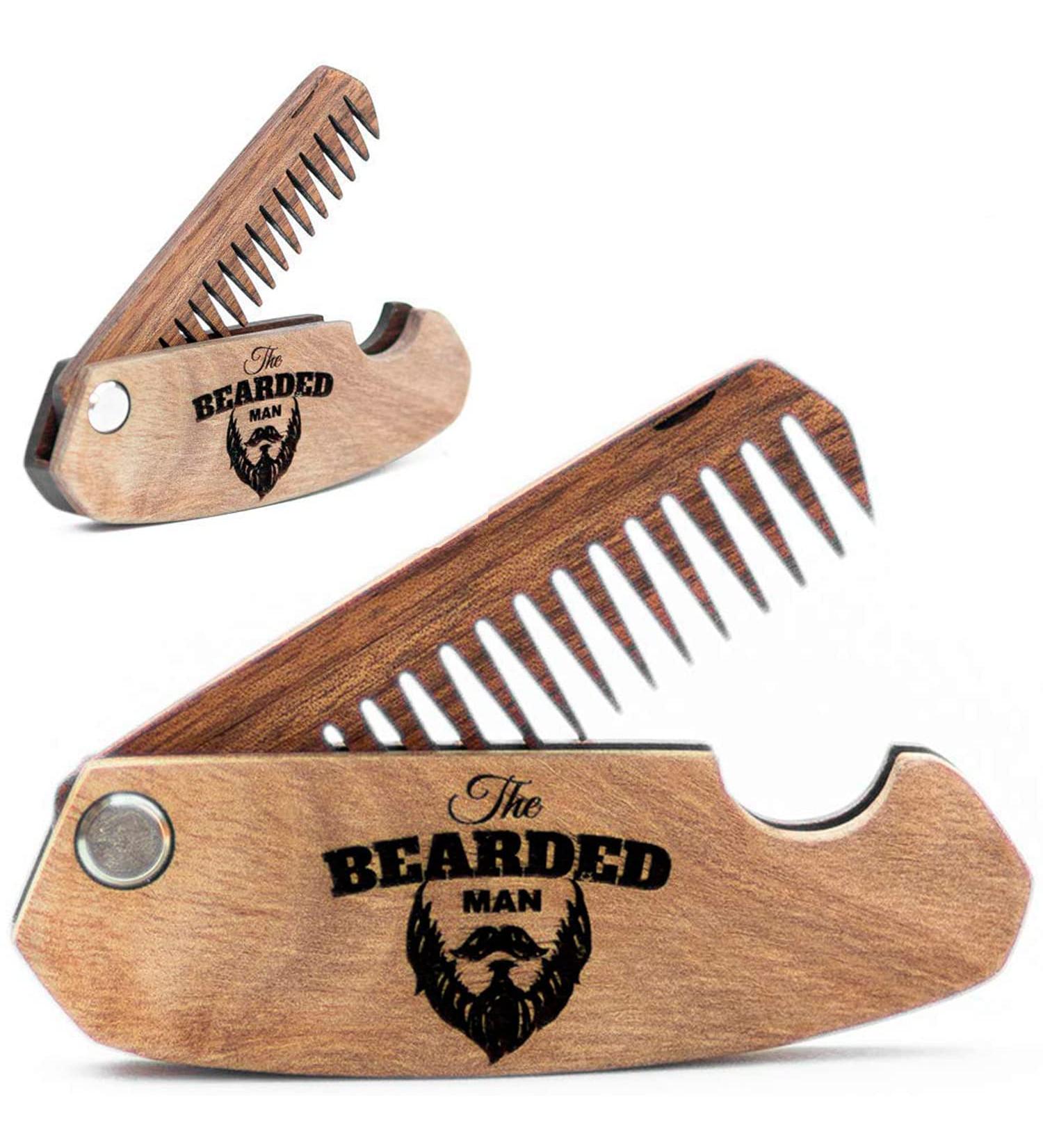 Folding Walnut Beard Comb for Men - Engraved Bearded Man Design - Buy Online on GoSupps.com