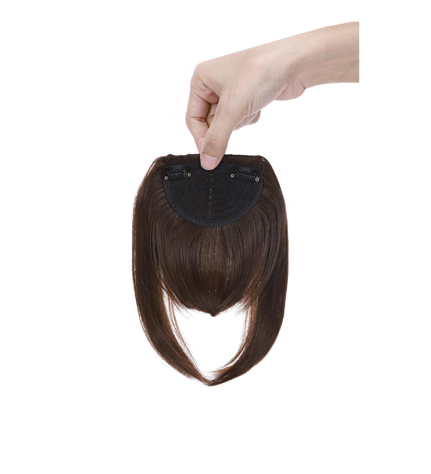 Medium Brown Clip In Bangs Hair Extensions - Thick Straight Neat Front Bangs Fringe for Women - Buy Online on GoSupps.com