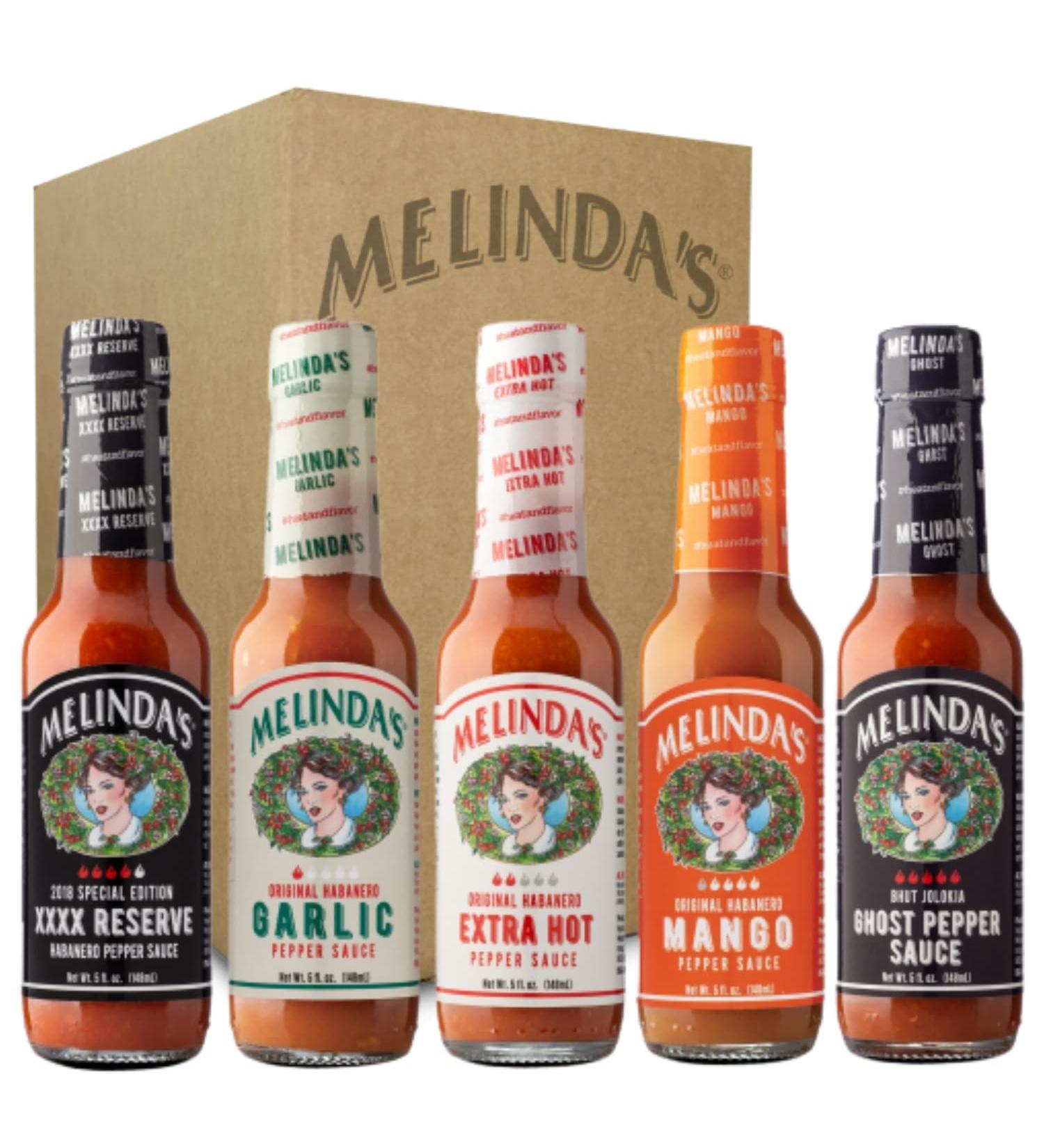 Melinda's Habanero Hot Sauce Variety Pack - 5 Pack Gourmet Gift Set with XXXXtra Reserve, Garlic, Mango, and Ghost Pepper - 5 oz Bottles - Extra Spicy Heat Levels - Buy Online on GoSupps.com