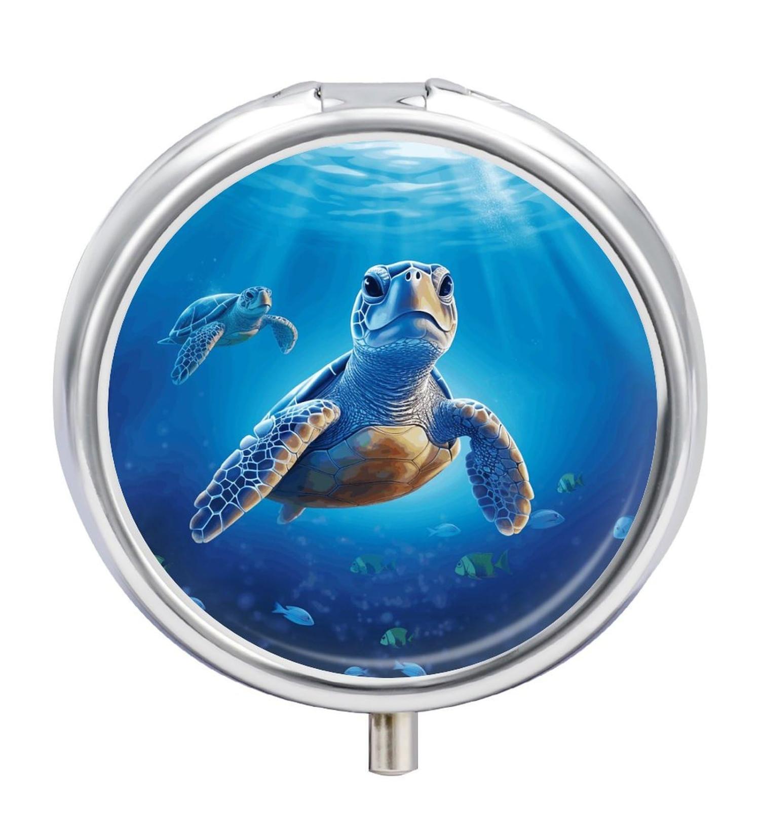 Round Turtle Pill Box | Blue Water Print 3 Compartment Portable Organizer | Decorative Metal Pocket Medicine Case - Style 1 - Buy Online on GoSupps.com