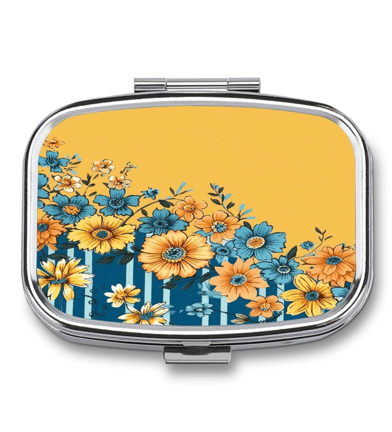 Shop Yellow & Blue Floral Print Pill Box - 2 Compartment Decorative Metal Pill Organizer for Travel | International Shipping Available - Buy Online on GoSupps.com