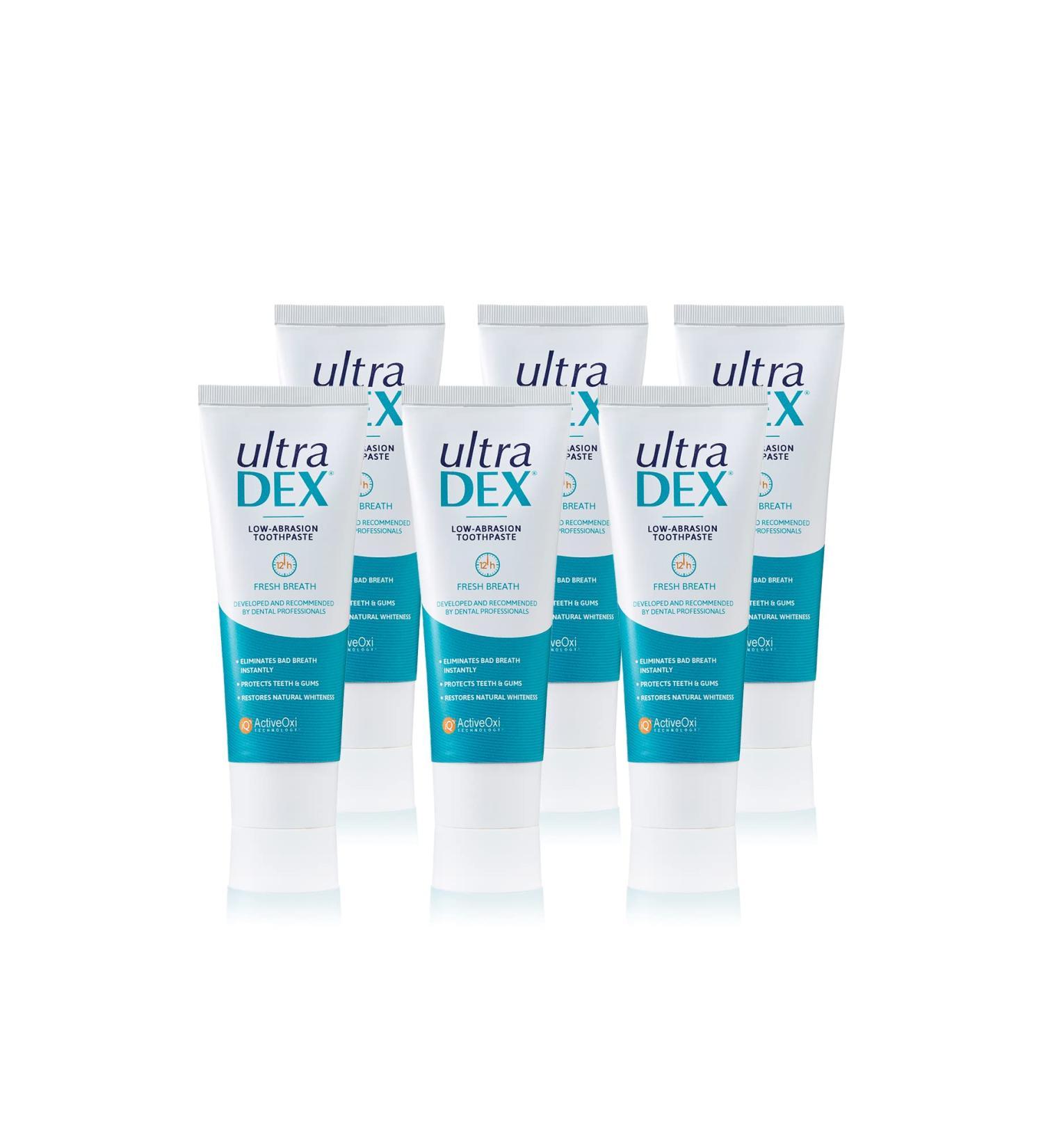 UltraDEX Low-Abrasion Toothpaste 6 X 75ml - Clinically Proven 12hr Bad Breath Treatment with Fluoride Mint - Gentle & Non-Foaming - White - Buy Online on GoSupps.com