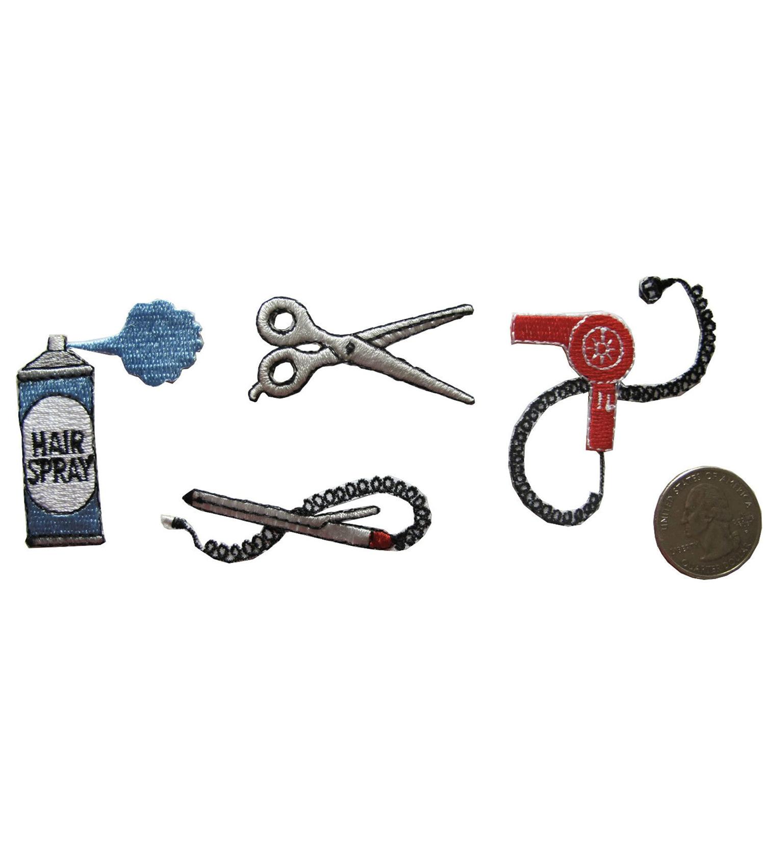 ETDesign #E04169 Hair Salon Hair Dryer Scissors Hair Spray Splint Hair Straightener Embroidery Patch-1 Set