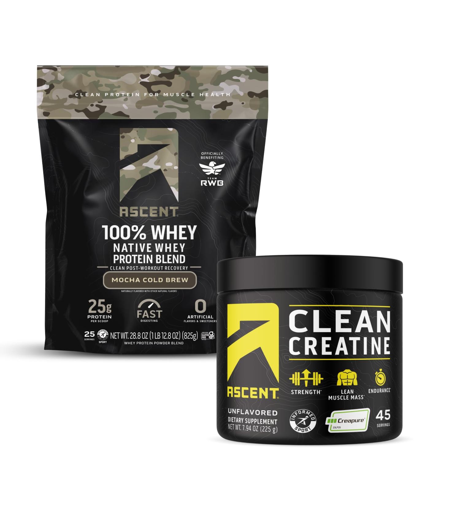 Ascent 100% Whey Protein Powder, Mocha Cold Brew 1.8 lb & Creatine Monohydrate Powder, Unflavored 45 Servings - Buy Online on GoSupps.com